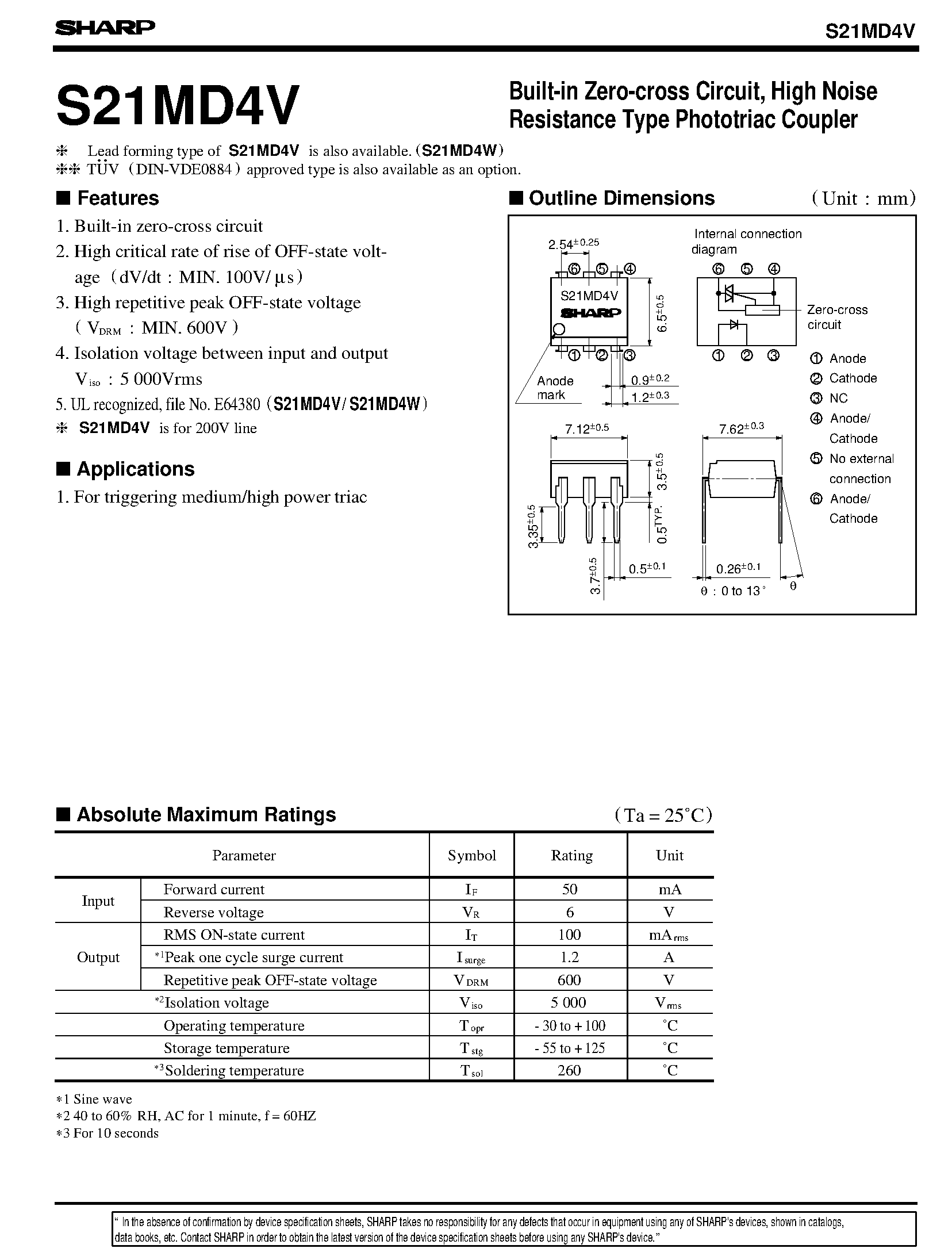 Datasheet S21MD4V - Built-in Zero-cross Circuit/ High Noise Resistance Type Phototriac Coupler page 1