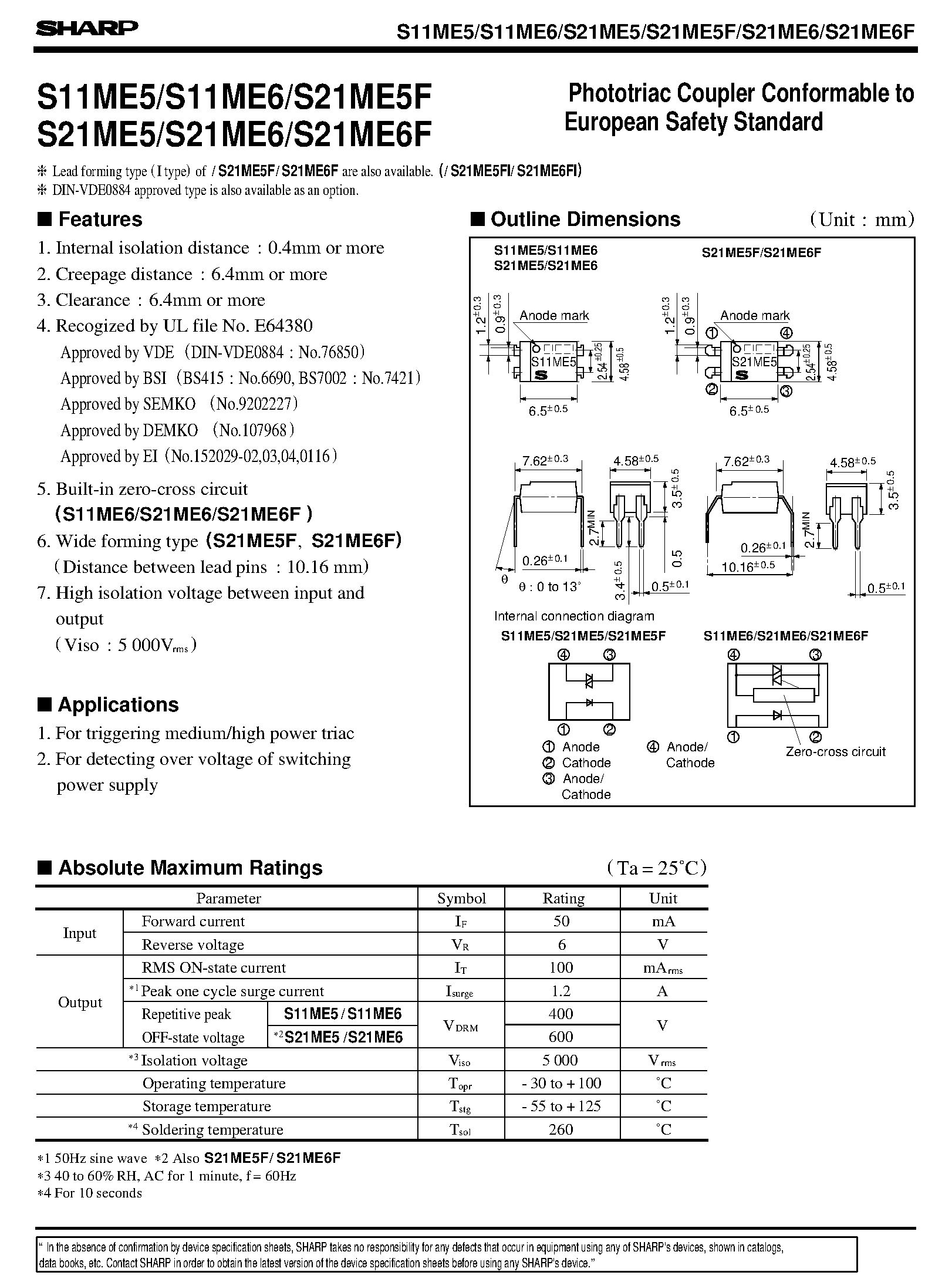Даташит на микросхему S21ME6F страница 1 Даташит S21ME6F - Phototriac Coupler Conformable to European Safety Standard страница 1