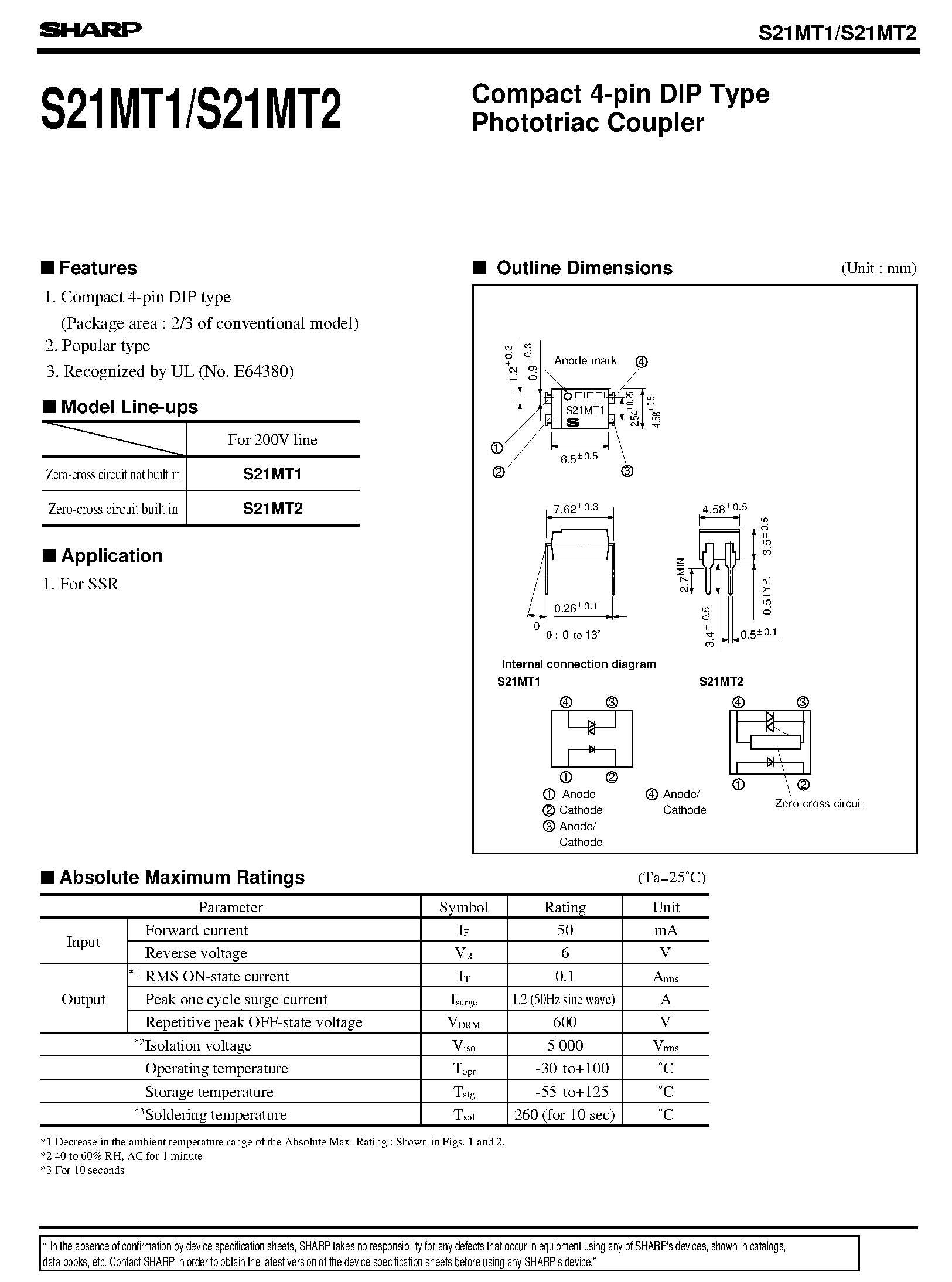 Datasheet S21MT2 page 1 Datasheet S21MT2 - Compact 4-pin DIP Type Phototriac Coupler page 1