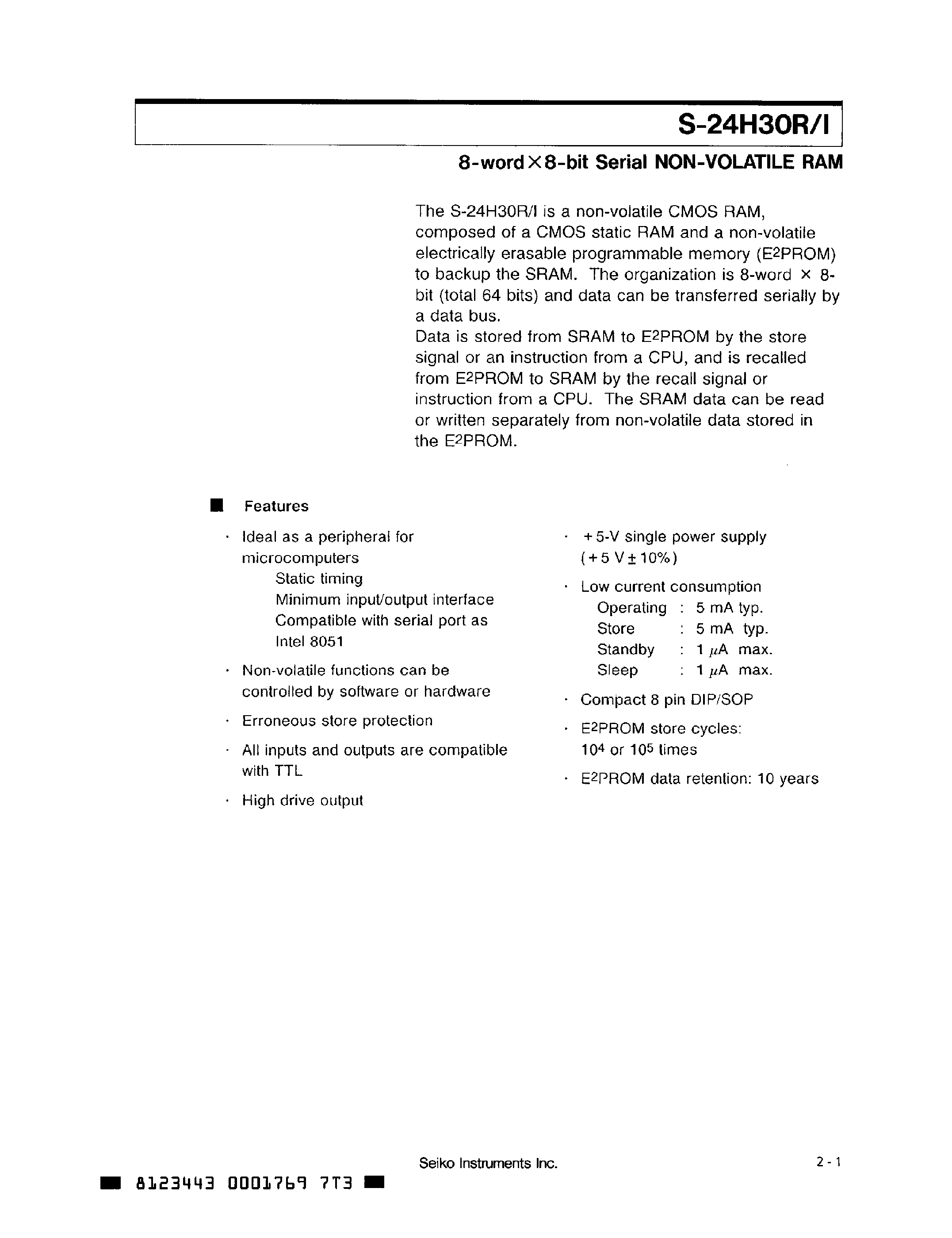 Datasheet S24H30 - 8-word x 8-bit serial NON - VOLATILE RAM page 1