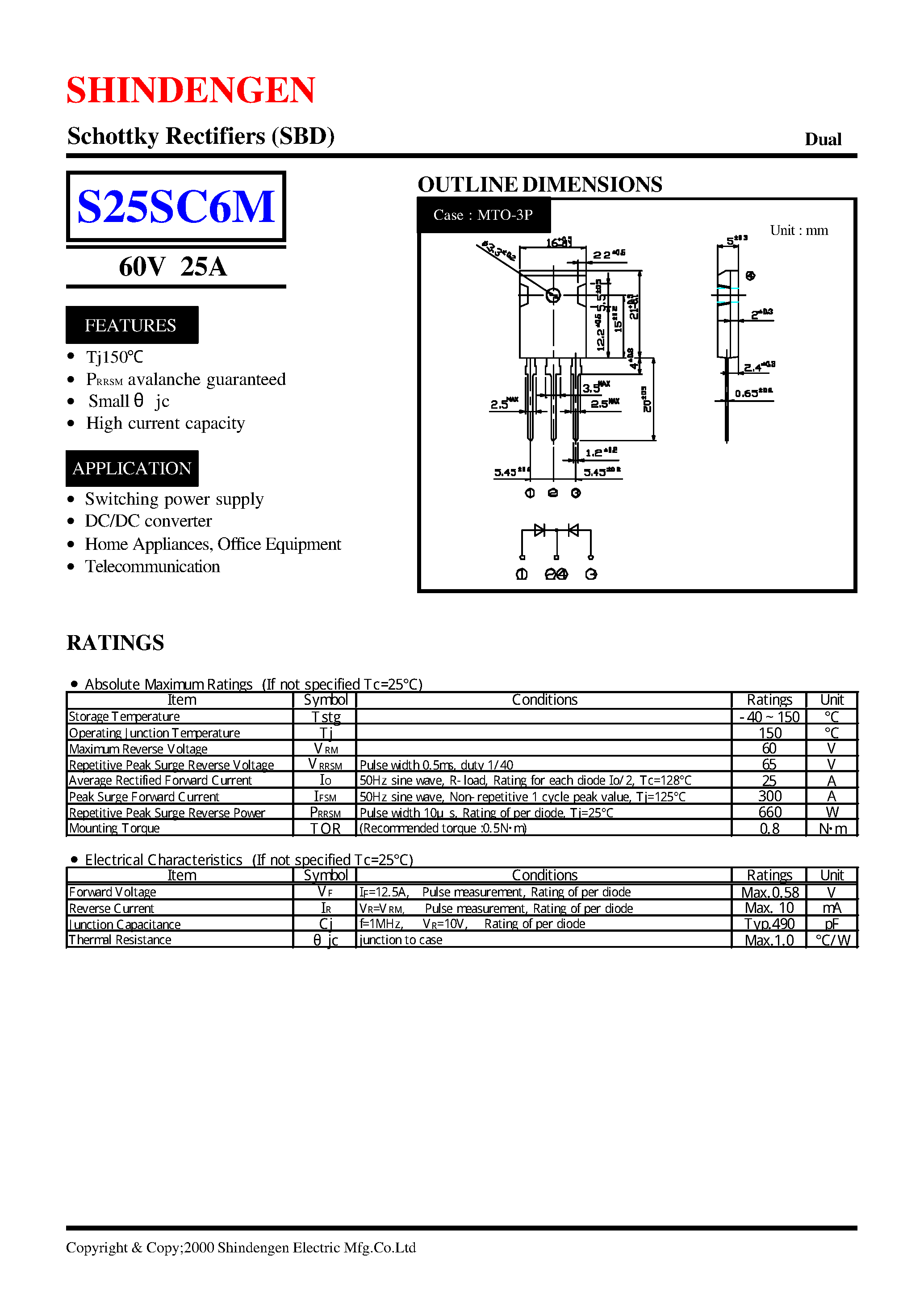 Datasheet S25SC6M page 1 Datasheet S25SC6M - Schottky Rectifiers (SBD) (60V 25A) page 1