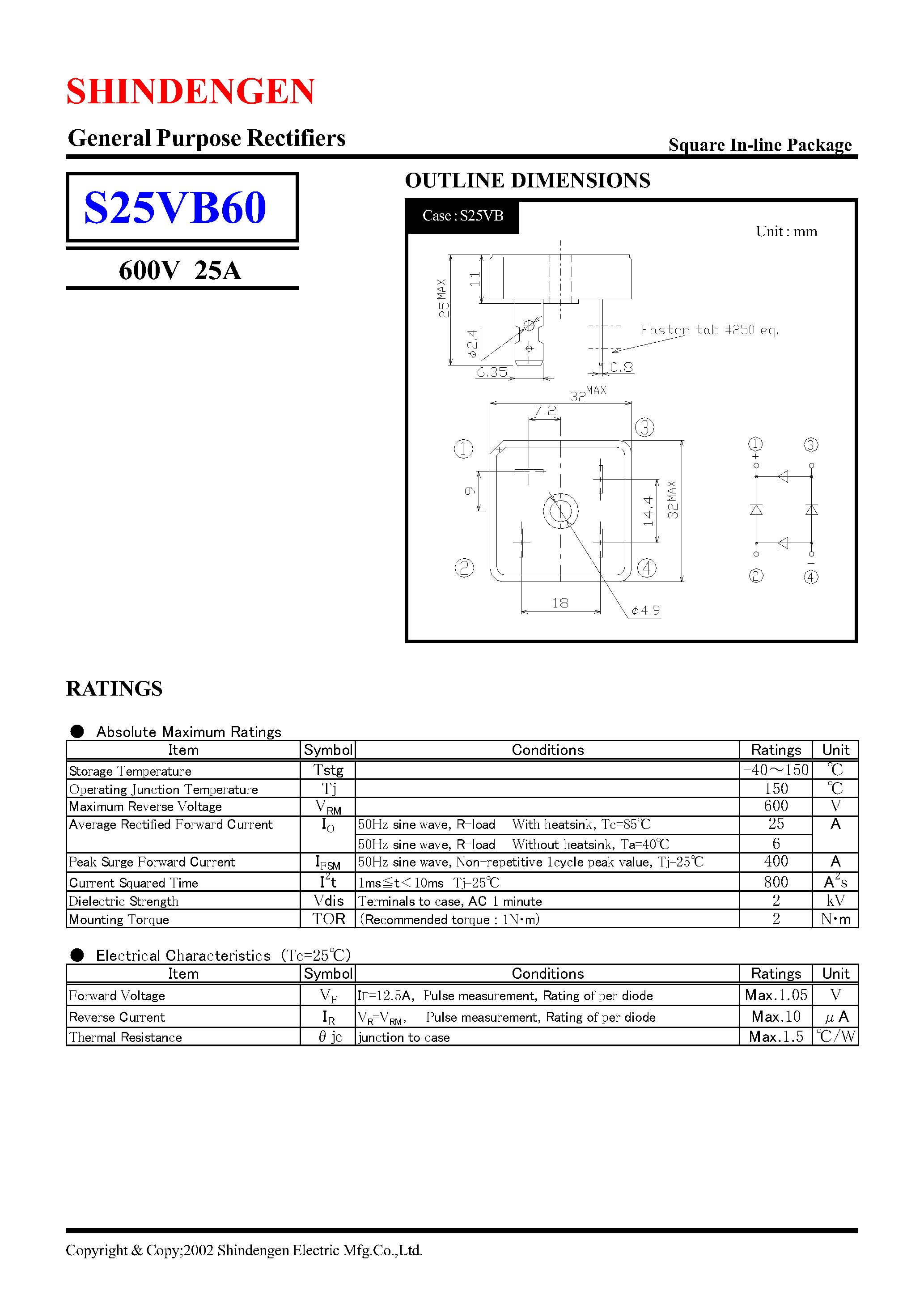 Datasheet S25VB60 page 1 Datasheet S25VB60 - GENERAL PURPOSE RECTIFIERS page 1