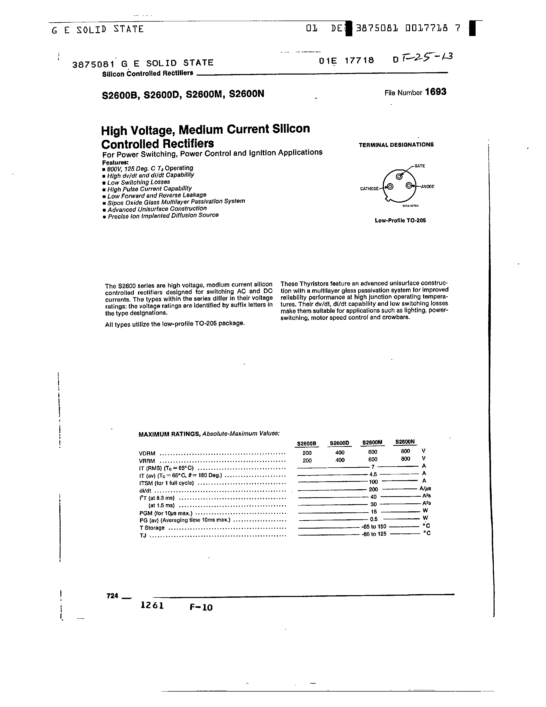 Datasheet S2600B page 1 Datasheet S2600B - HIGH VOLTAGE MEDIUM CURRENT SILICON CONTROLLED RECTIFIERS page 1
