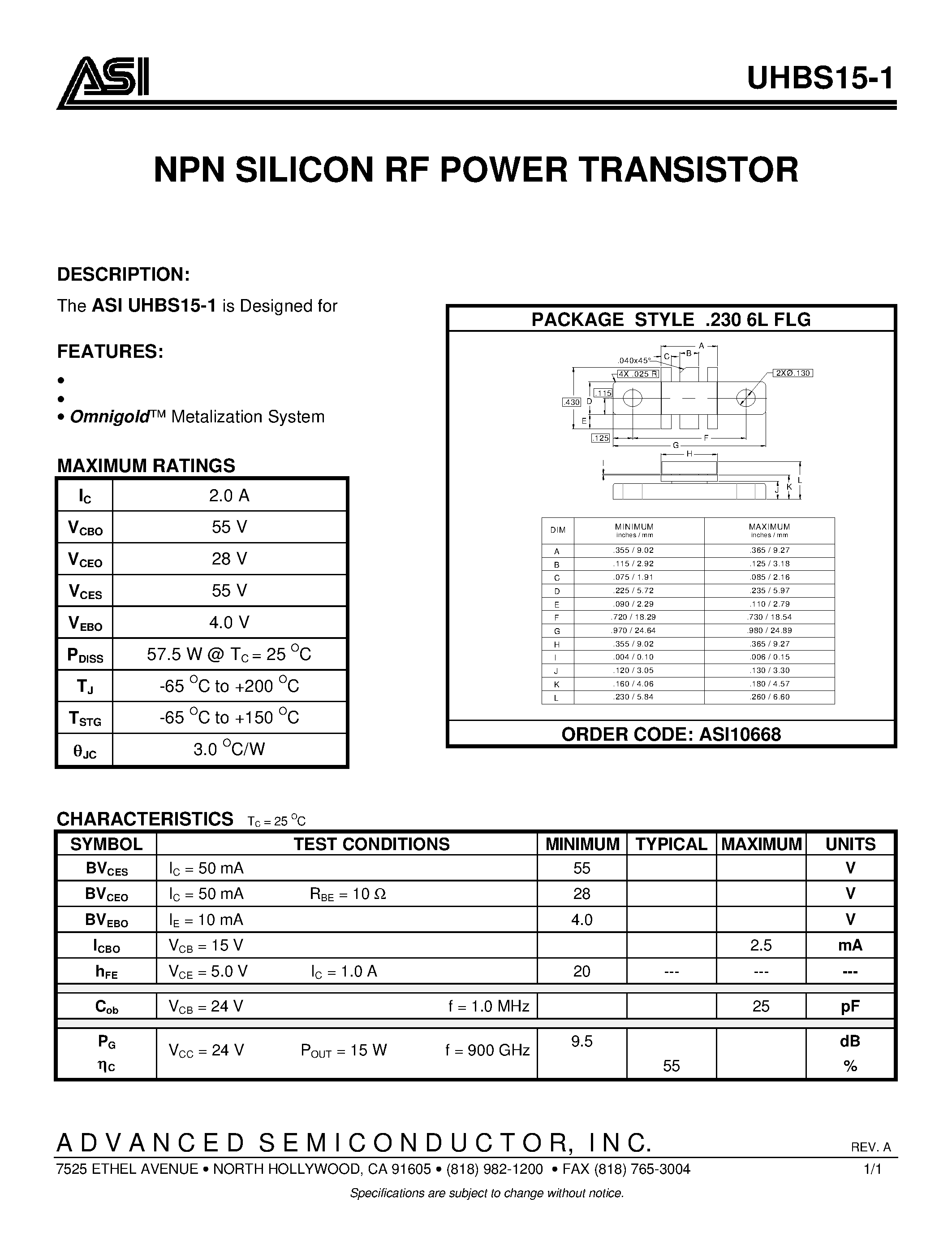 Datasheet UHBS15-1 - NPN SILICON RF POWER TRANSISTOR page 1