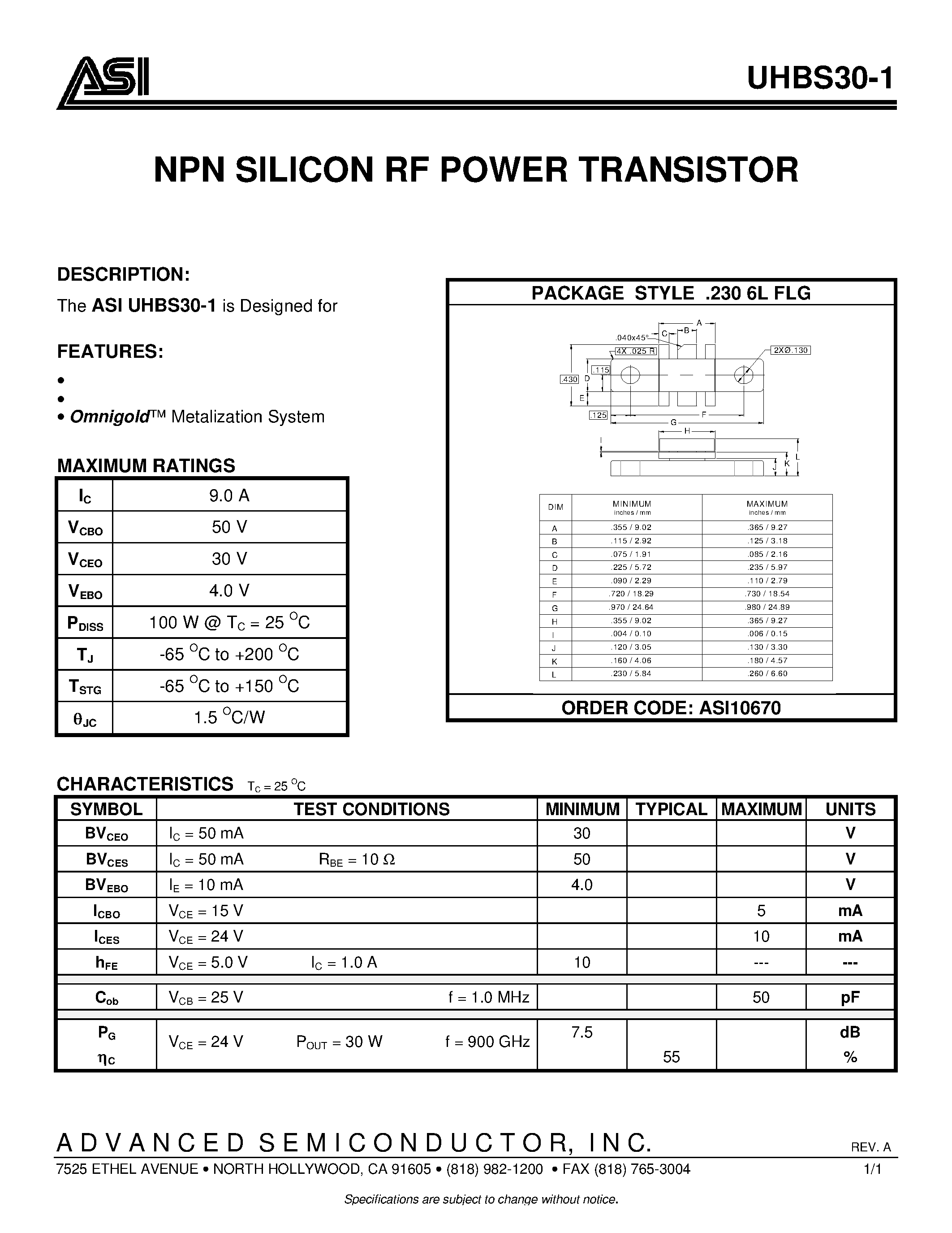 Datasheet UHBS30-1 page 1 Datasheet UHBS30-1 - NPN SILICON RF POWER TRANSISTOR page 1