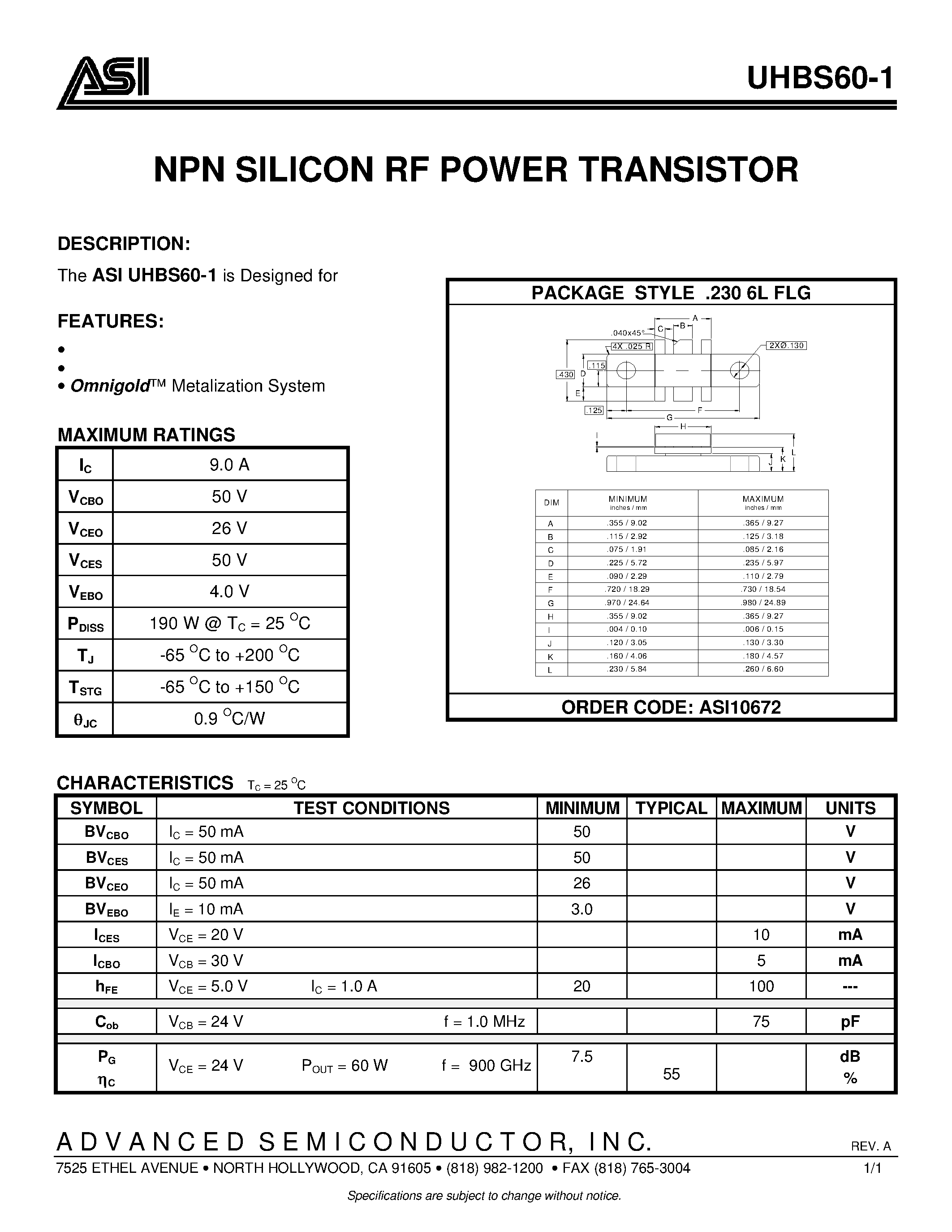 Datasheet UHBS60-1 - NPN SILICON RF POWER TRANSISTOR page 1