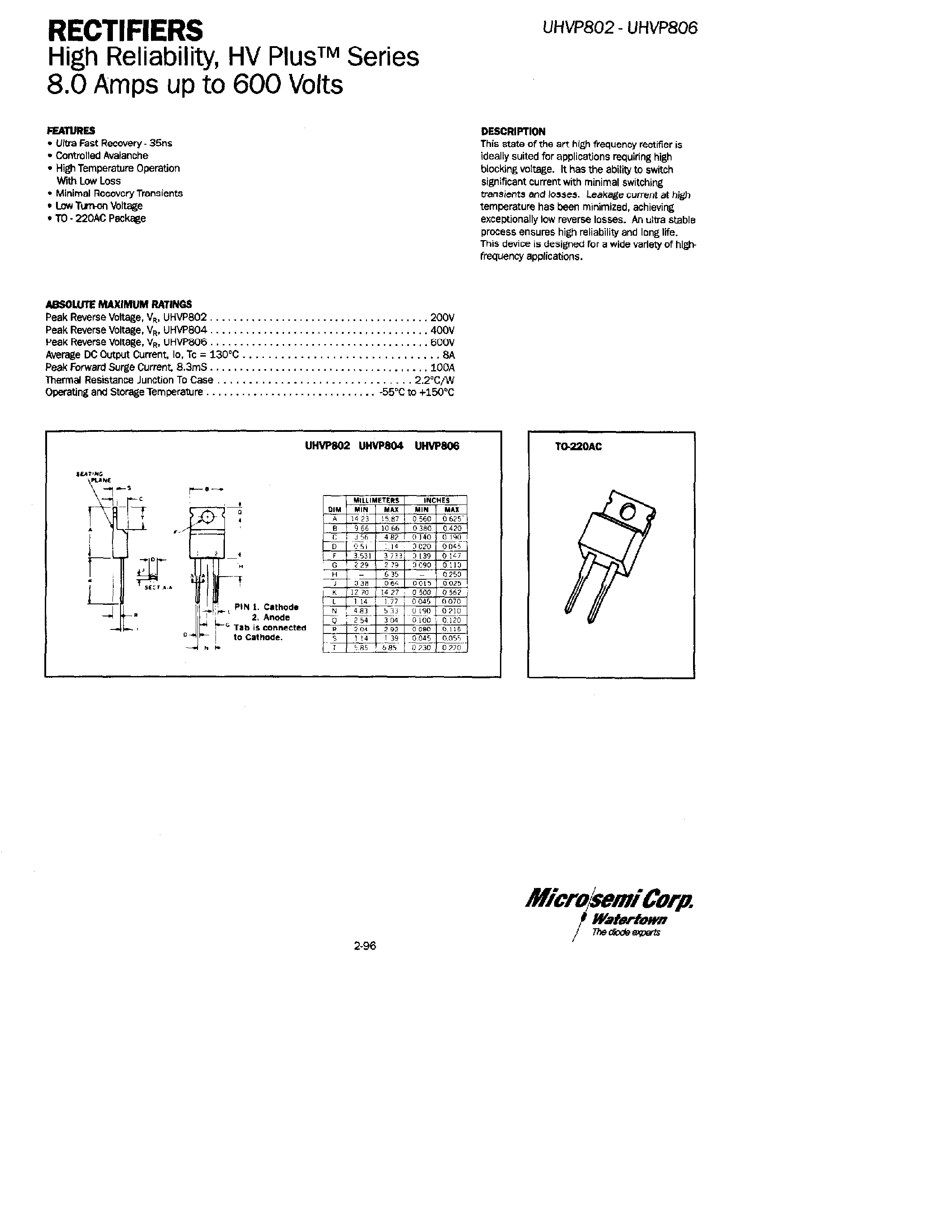 Datasheet UHVP802 page 1 Datasheet UHVP802 - RECTIFIERS page 1
