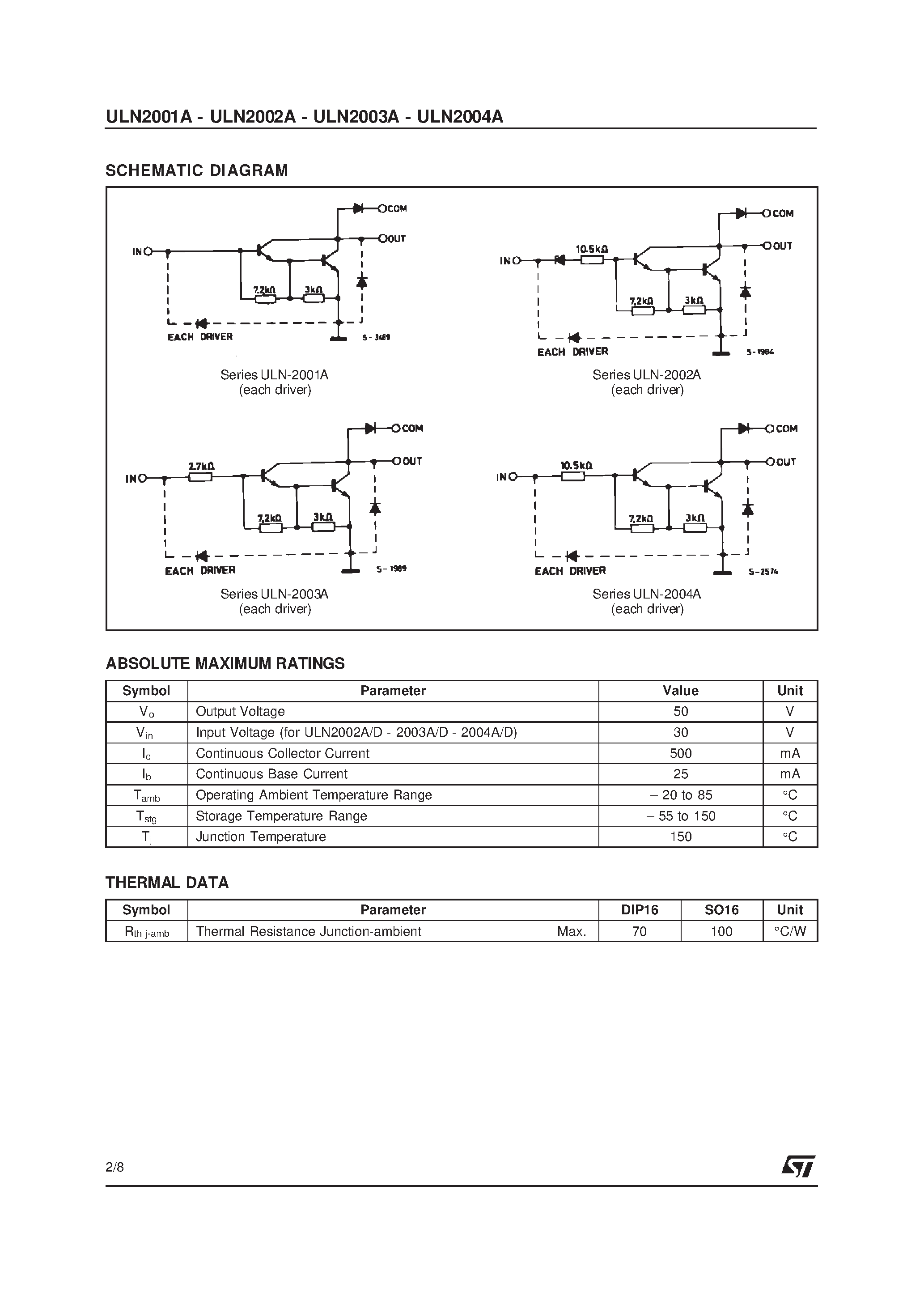Datasheet ULN2001A-ULN2002A page 2 Datasheet ULN2001A-ULN2002A - SEVEN DARLINGTON ARRAYS page 2