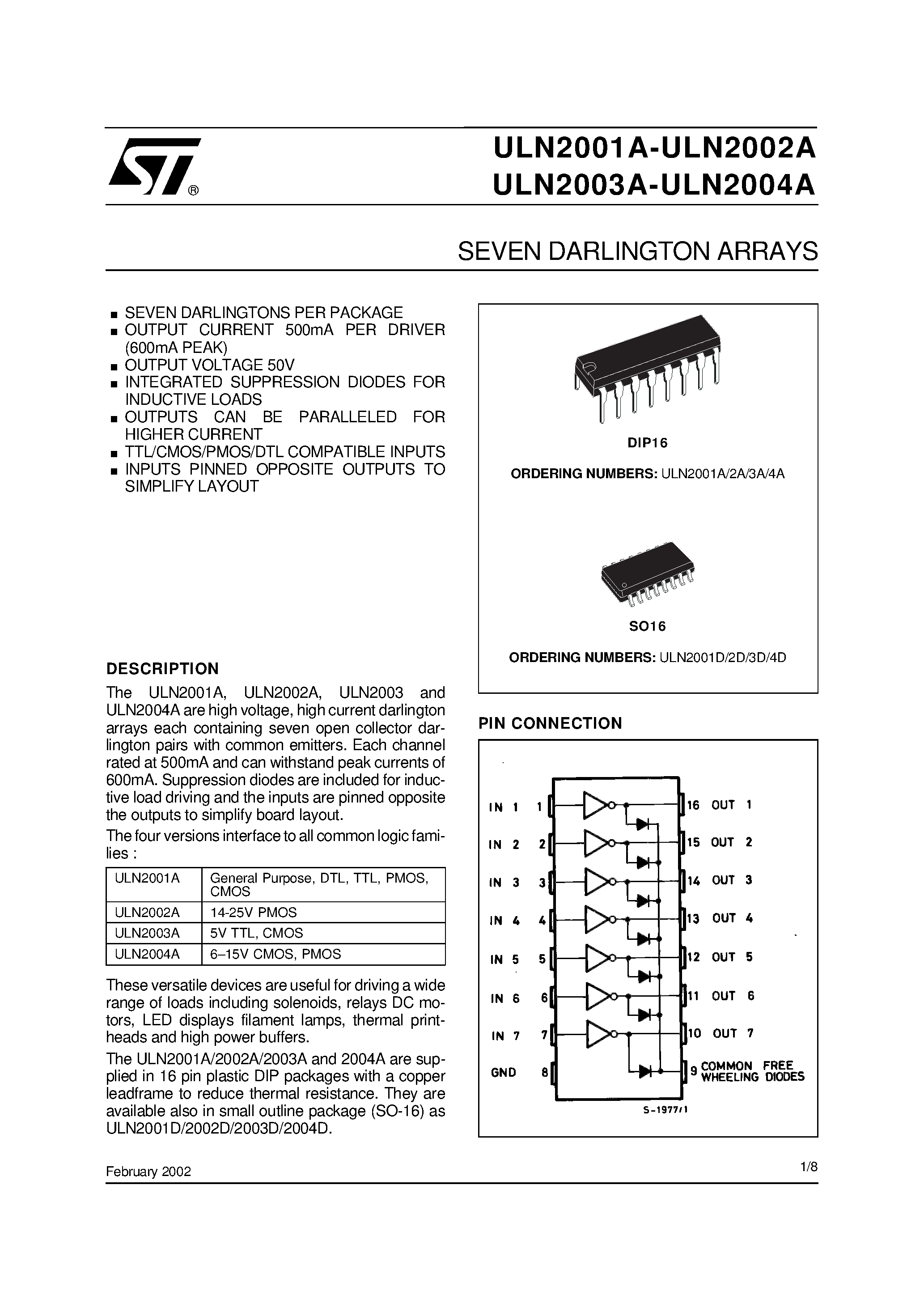 Datasheet ULN2004 page 1 Datasheet ULN2004 - SEVEN DARLINGTON ARRAYS page 1