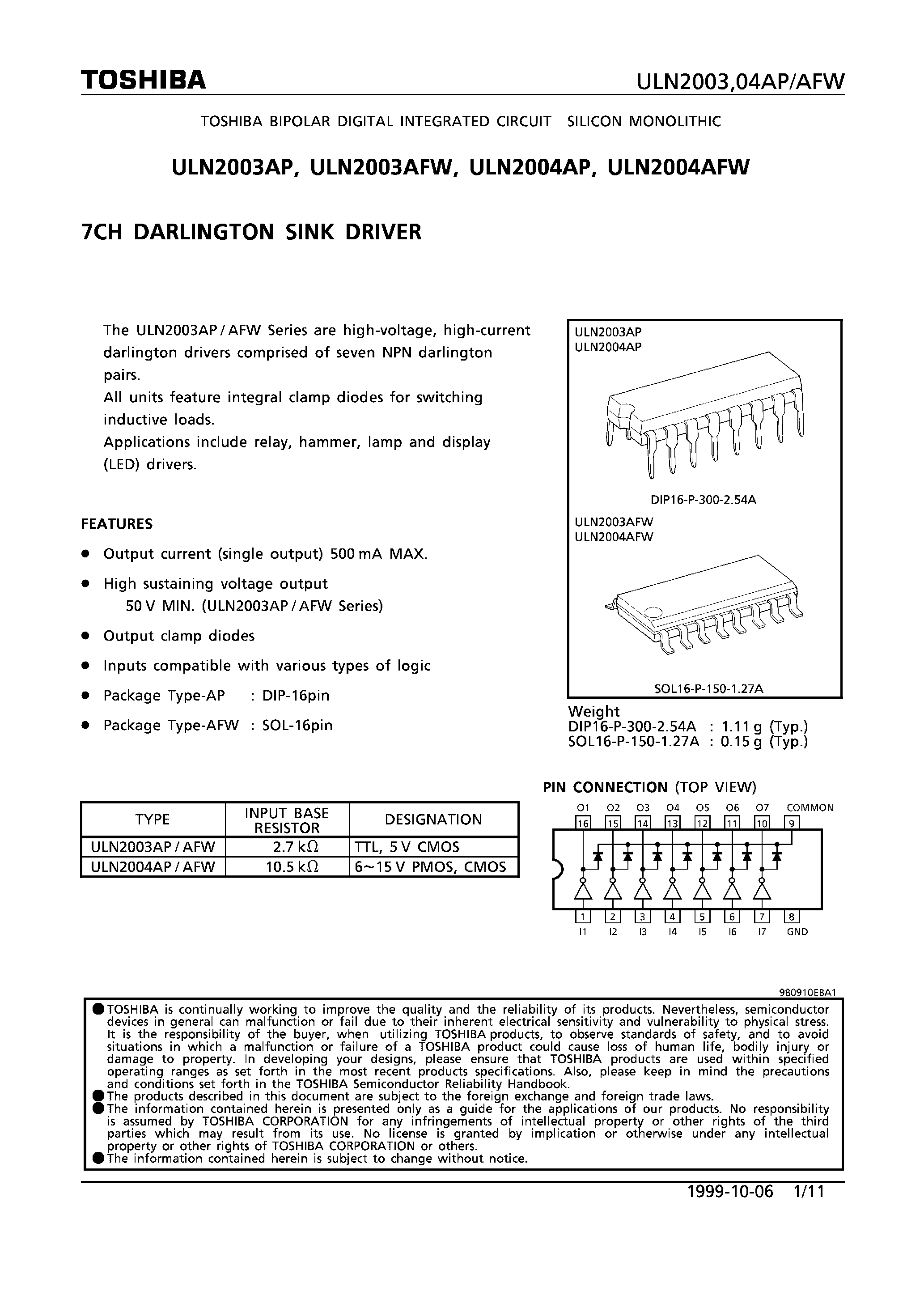 Datasheet ULN2004AFW page 1 Datasheet ULN2004AFW - 7CH DARLINGTON SINK DRIVER page 1
