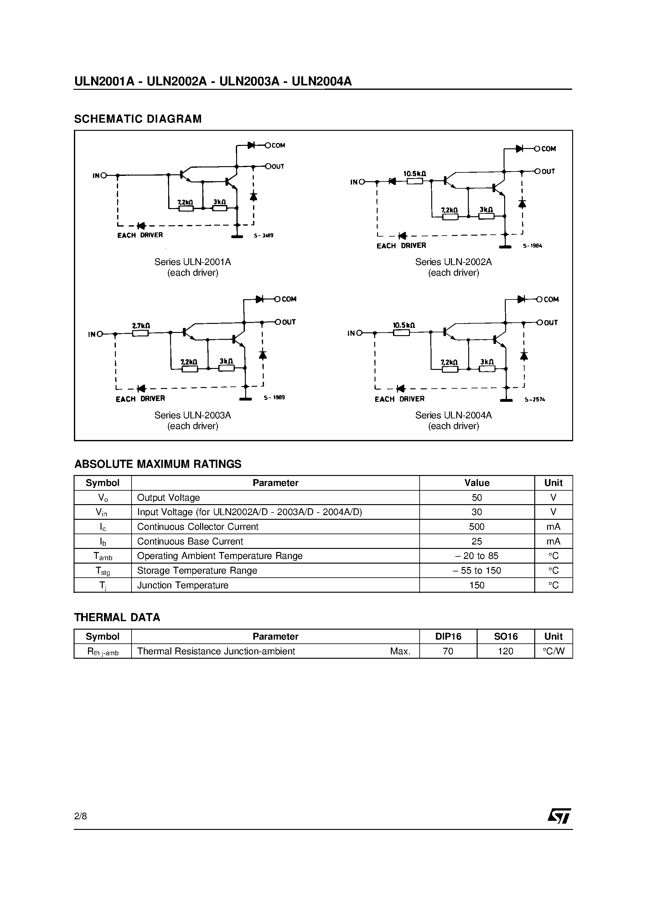 Datasheet ULN2004D page 2 Datasheet ULN2004D - SEVEN DARLINGTON ARRAYS page 2