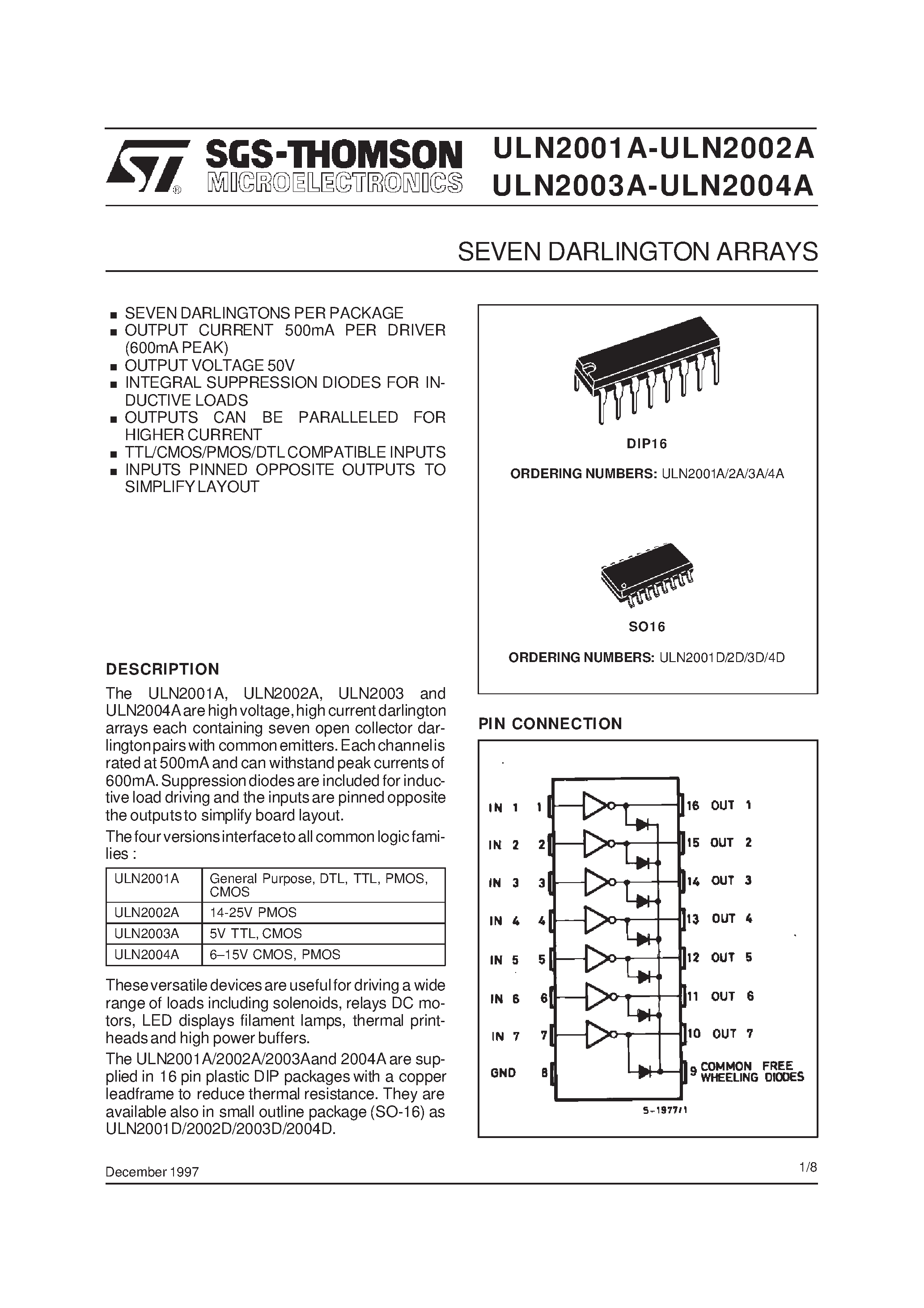 Datasheet ULN200X page 1 Datasheet ULN200X - SEVEN DARLINGTON ARRAYS page 1
