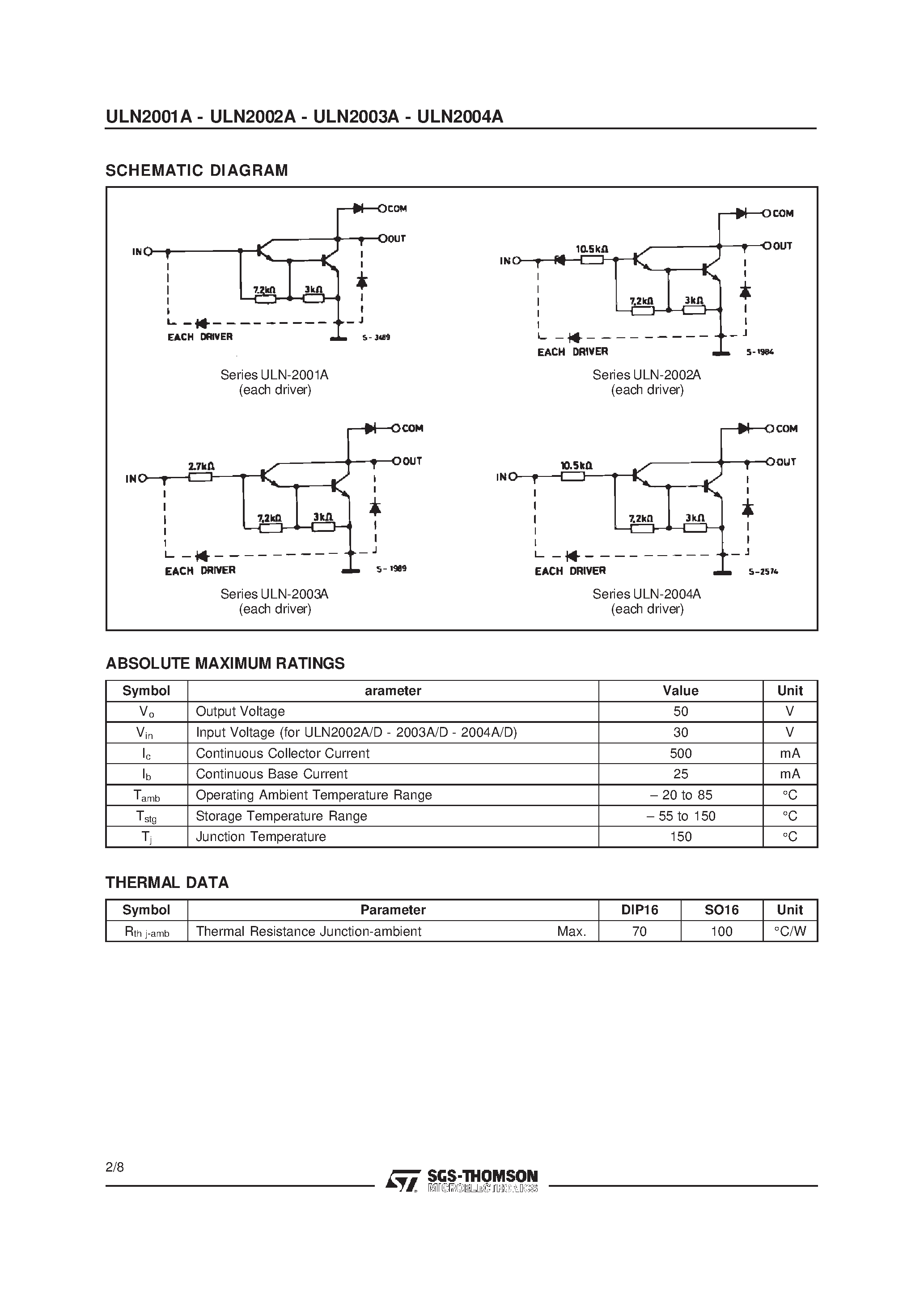Datasheet ULN200X page 2 Datasheet ULN200X - SEVEN DARLINGTON ARRAYS page 2
