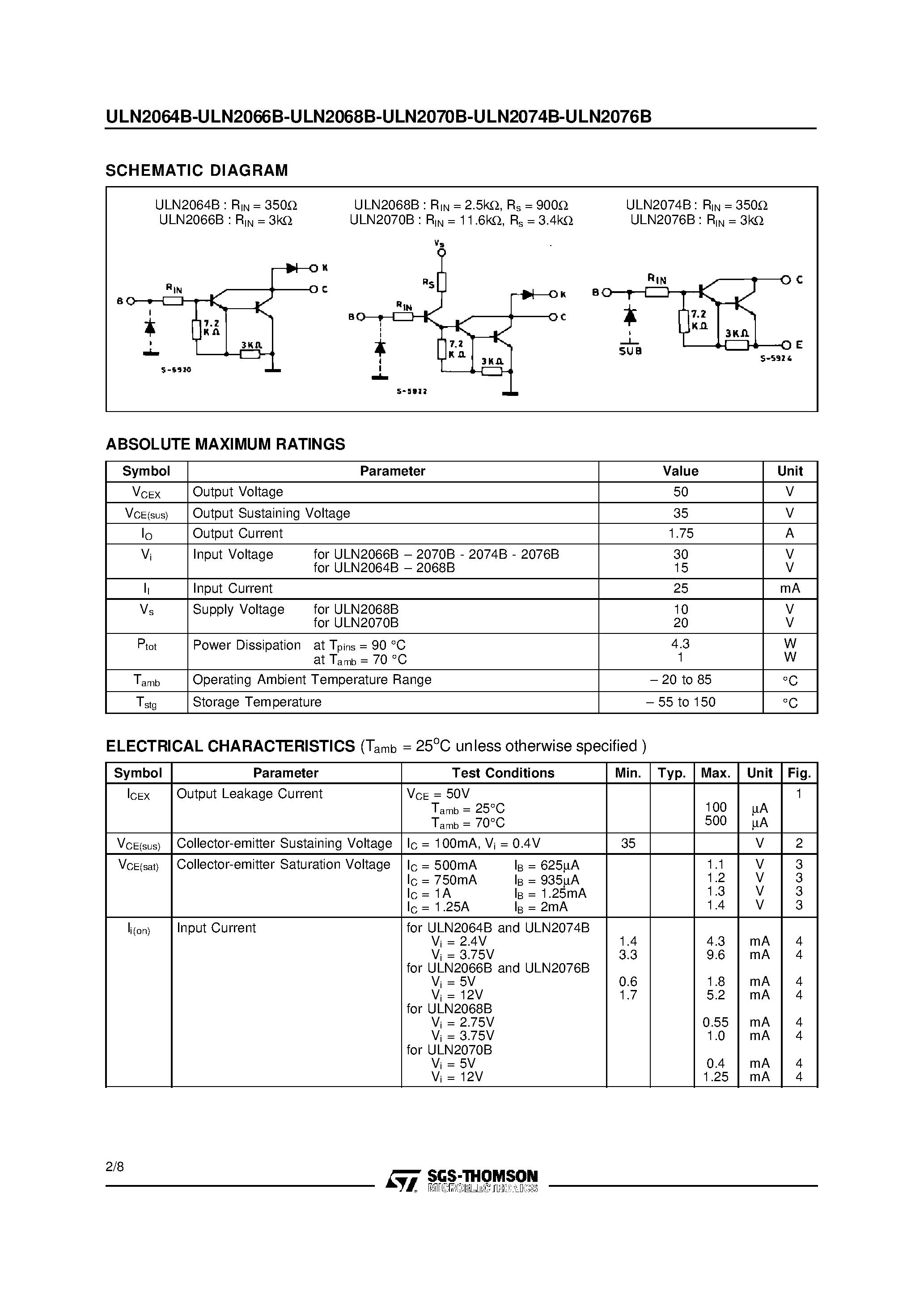 Datasheet ULN2064B page 2 Datasheet ULN2064B - 50V - 1.5A QUAD DARLINGTON SWITCHES page 2