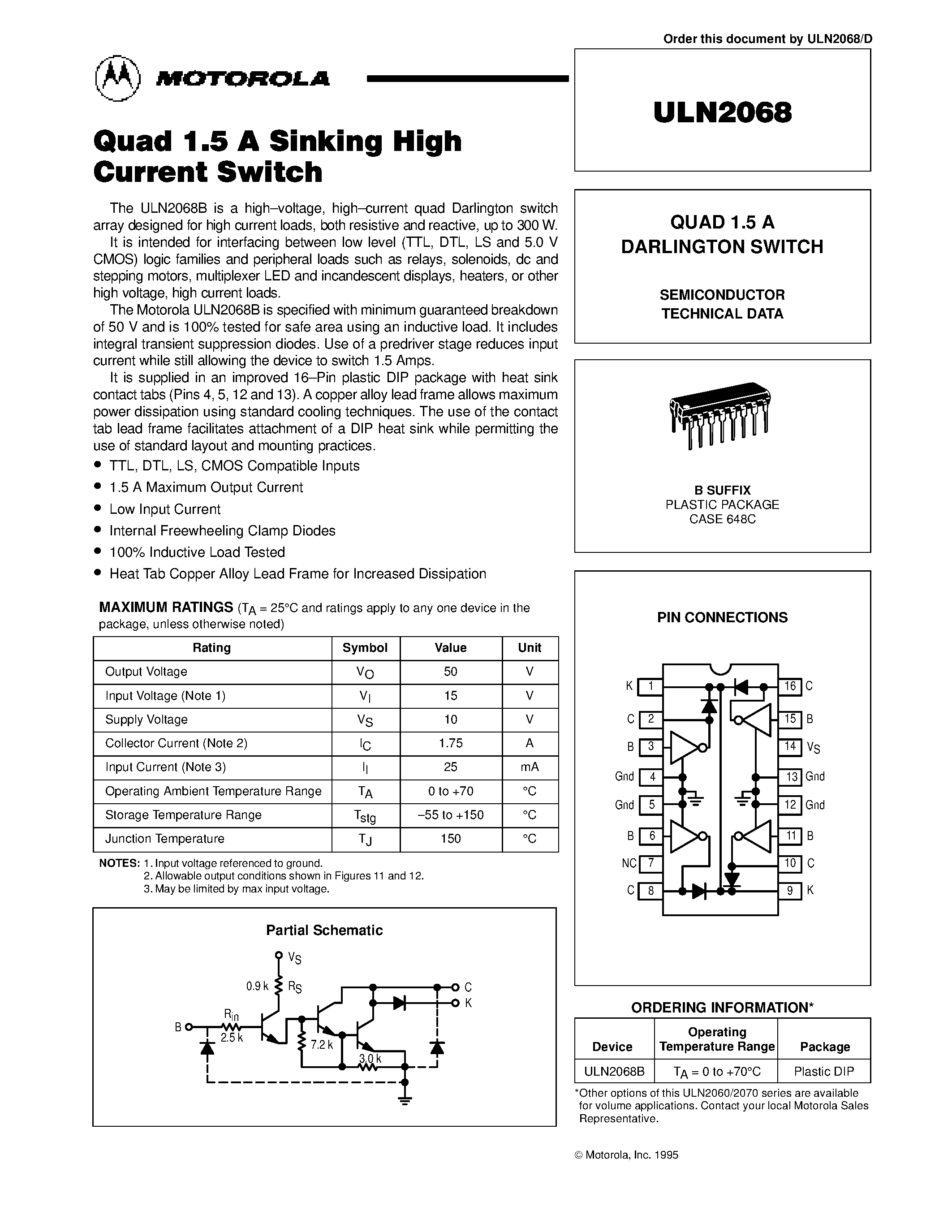 Datasheet ULN2068 page 1 Datasheet ULN2068 - QUAD 1.5 A DARLINGTON SWITCH page 1