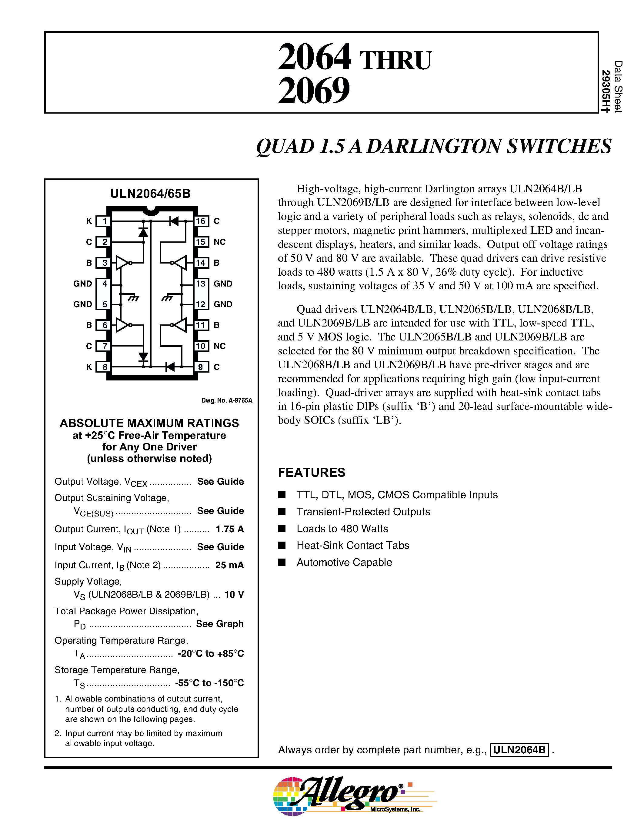Datasheet ULN2069B page 1 Datasheet ULN2069B - QUAD 1.5 A DARLINGTON SWITCHES page 1