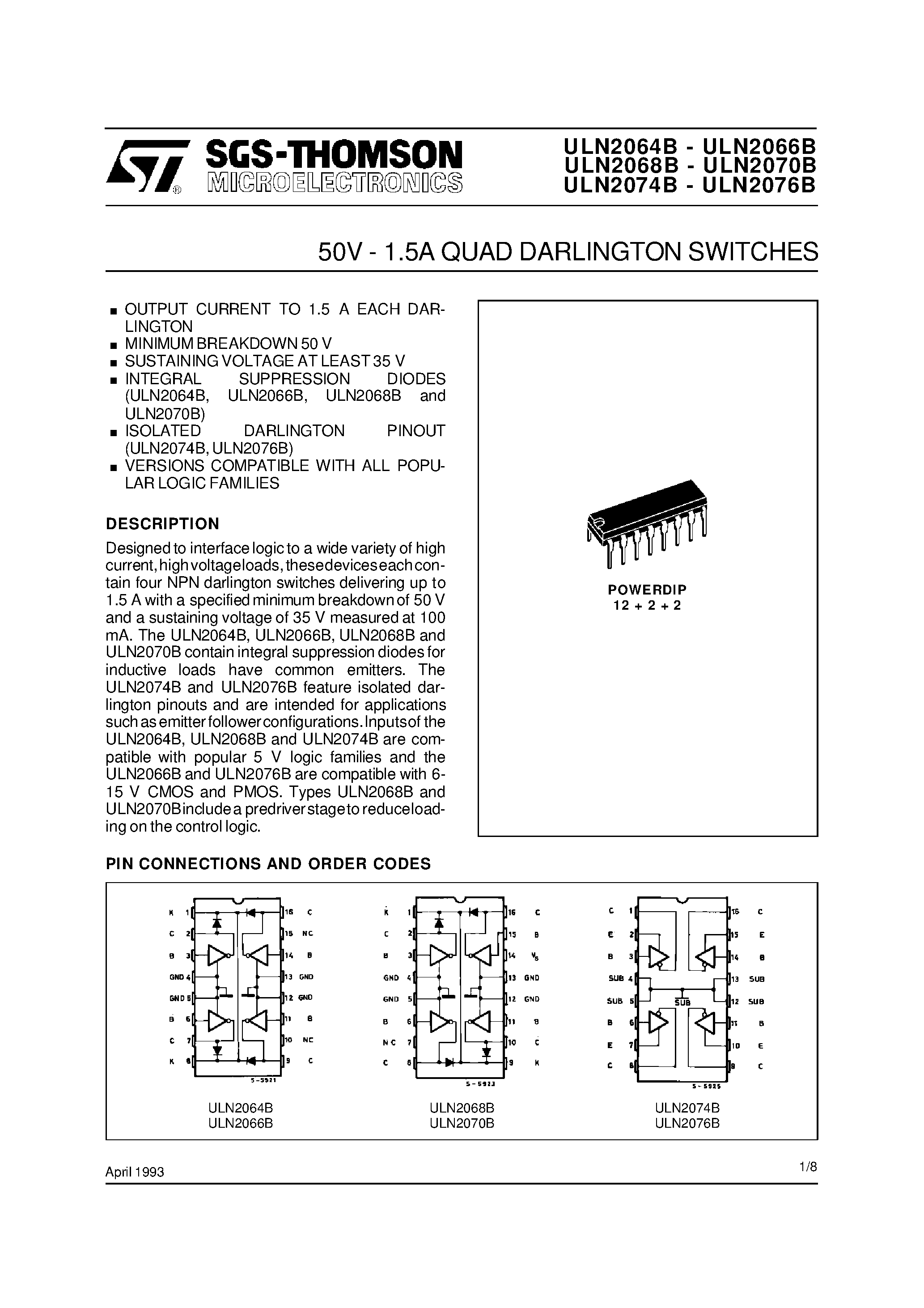 Datasheet ULN2074B page 1 Datasheet ULN2074B - 50V - 1.5A QUAD DARLINGTON SWITCHES page 1