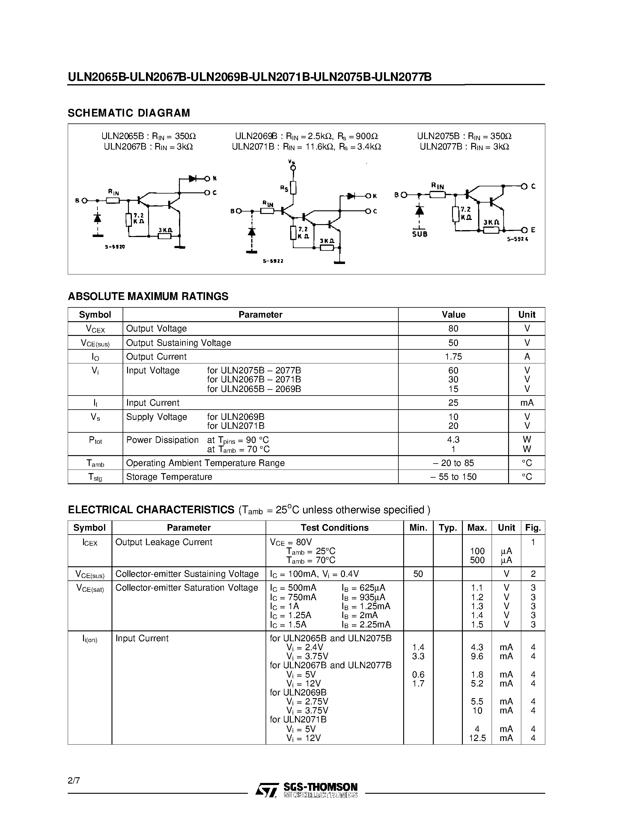 Datasheet ULN2077B page 2 Datasheet ULN2077B - 80 V - 1.5 A QUAD DARLINGTON SWITCHES page 2