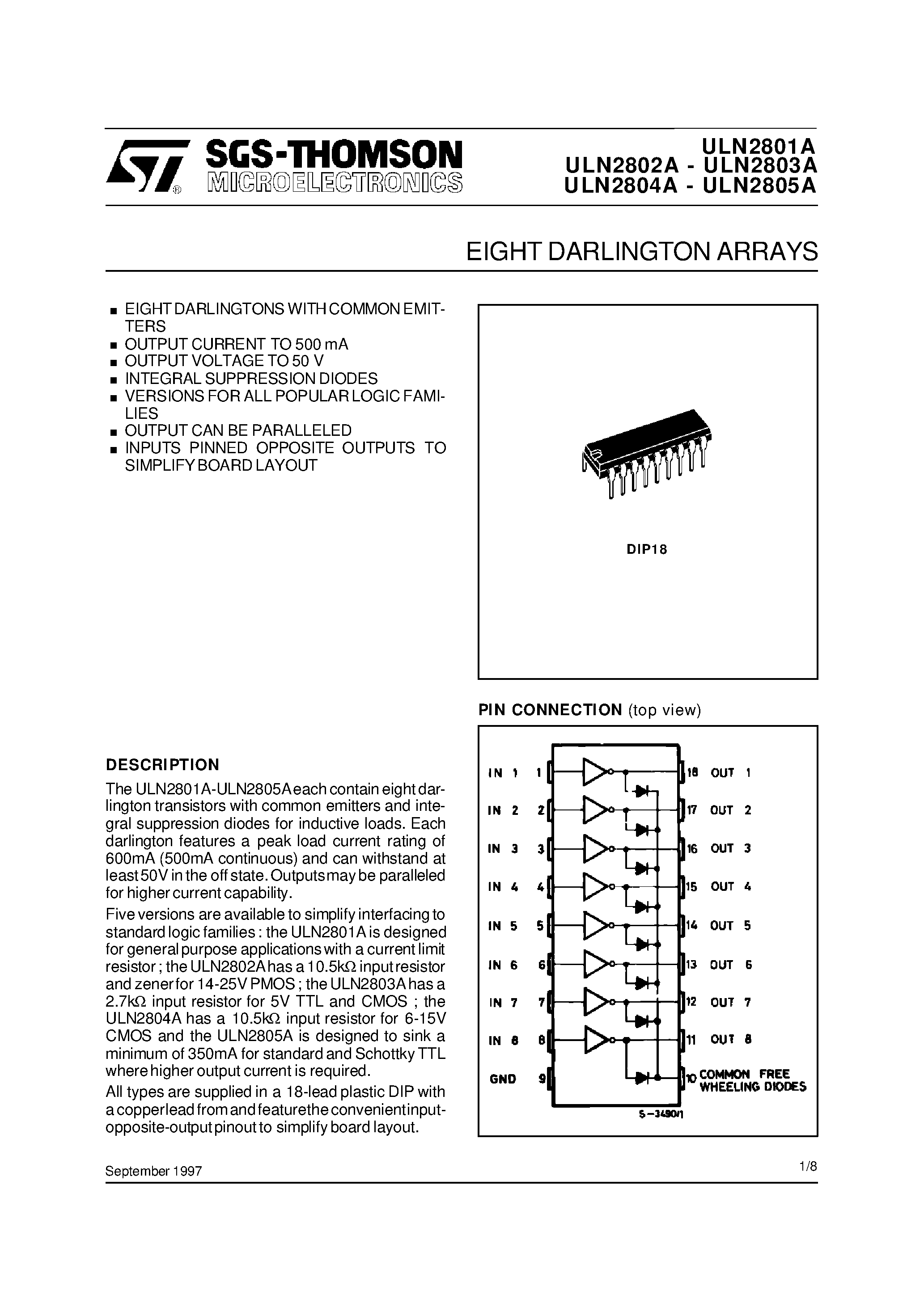 Datasheet ULN2801 page 1 Datasheet ULN2801 - EIGHT DARLINGTON ARRAYS page 1