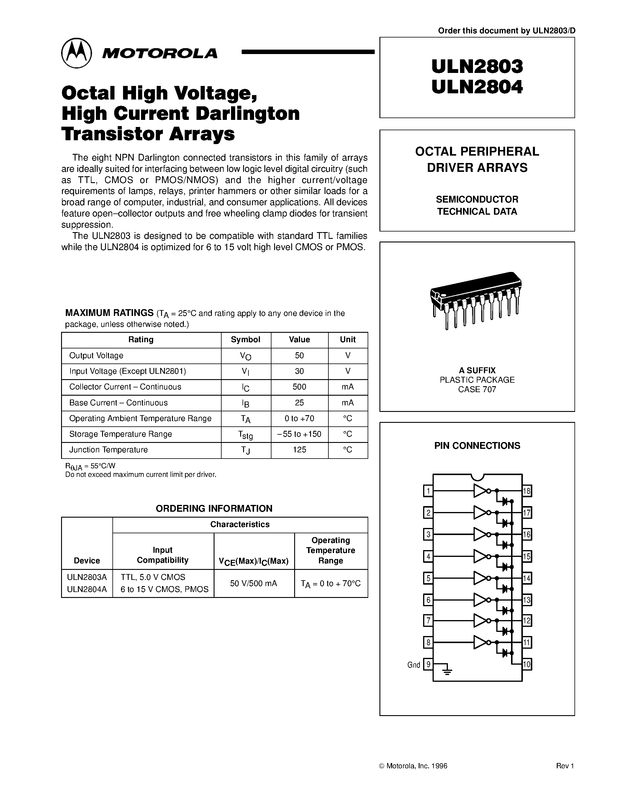 Datasheet ULN2803 page 1 Datasheet ULN2803 - OCTAL PERIPHERAL DRIVER ARRAYS page 1