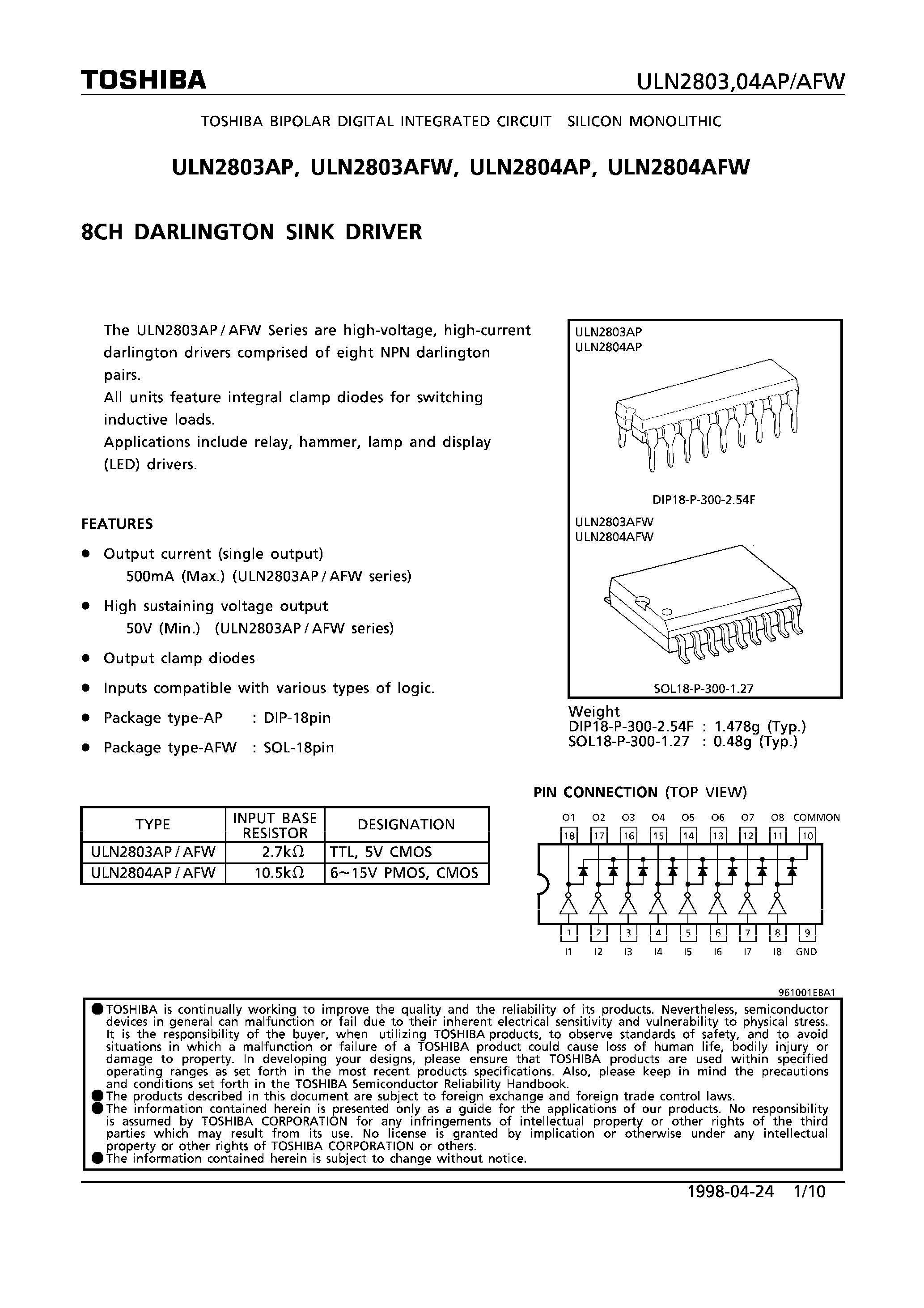 Datasheet ULN2803AFW page 1 Datasheet ULN2803AFW - 8CH DARLINGTON SINK DRIVER page 1