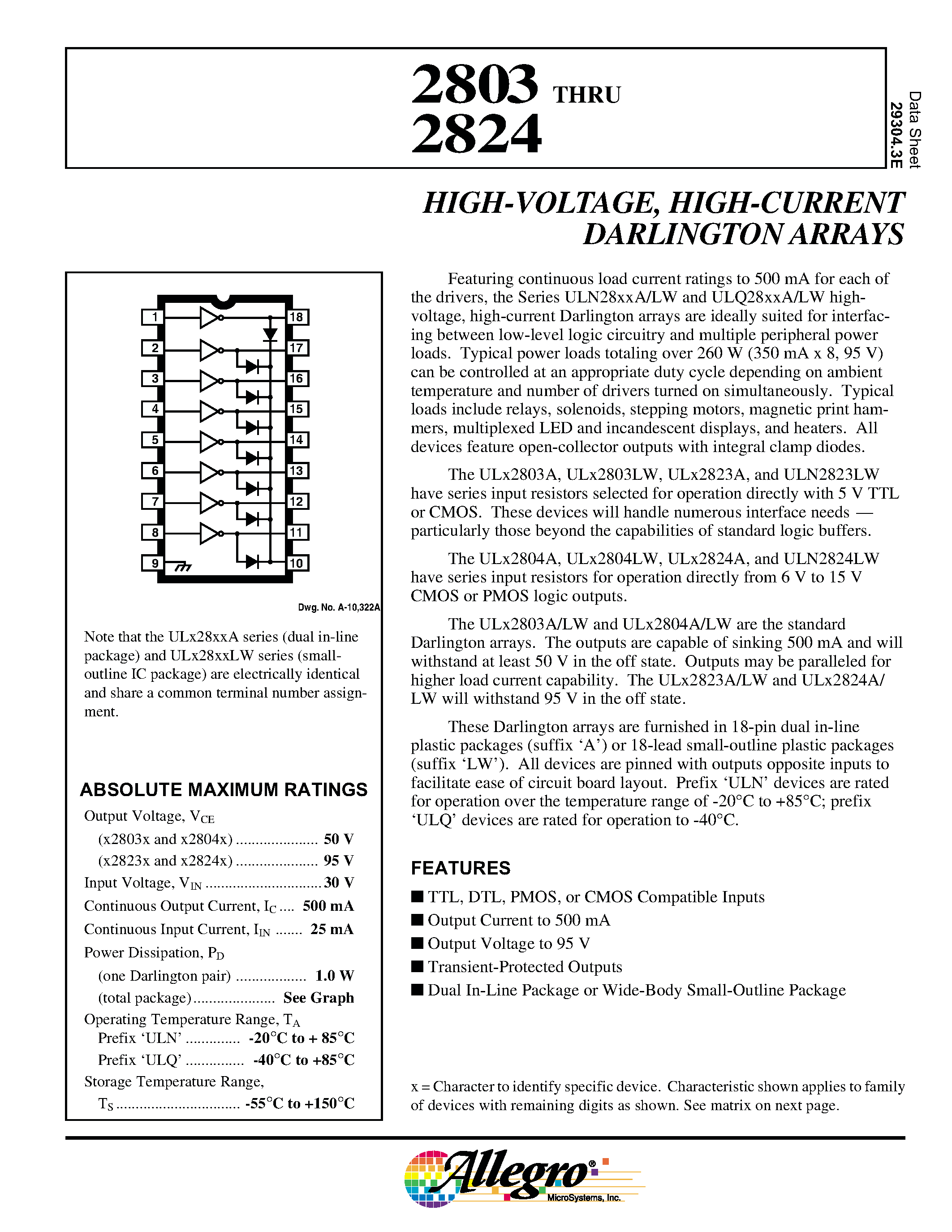 Datasheet ULN2804 page 1 Datasheet ULN2804 - HIGH-VOLTAGE/ HIGH-CURRENT DARLINGTON ARRAYS page 1
