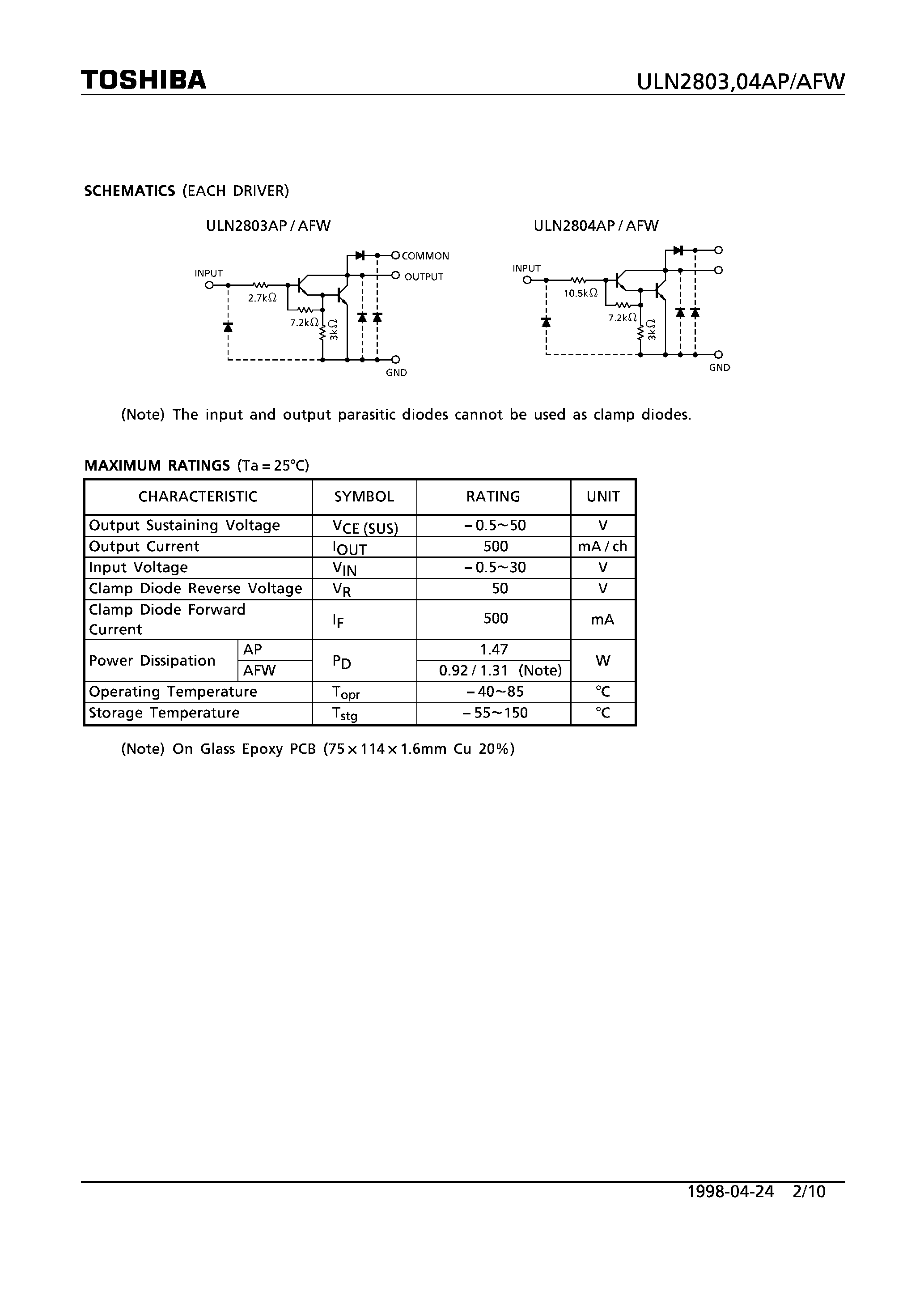 Datasheet ULN2804AFW page 2 Datasheet ULN2804AFW - 8CH DARLINGTON SINK DRIVER page 2