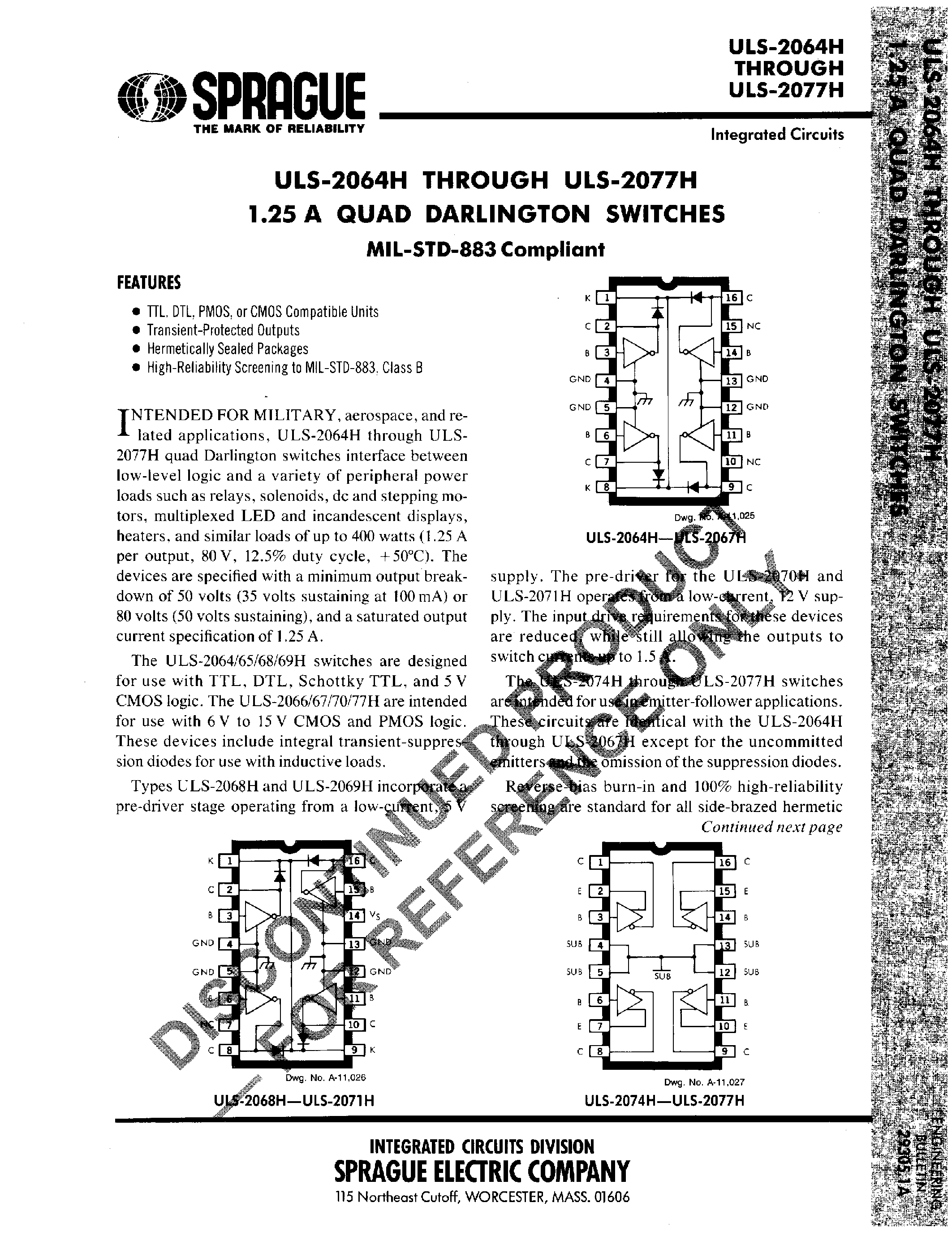 Datasheet ULS-2066H - 1.25 A QUAD DARLINGTON SWITCHES page 1