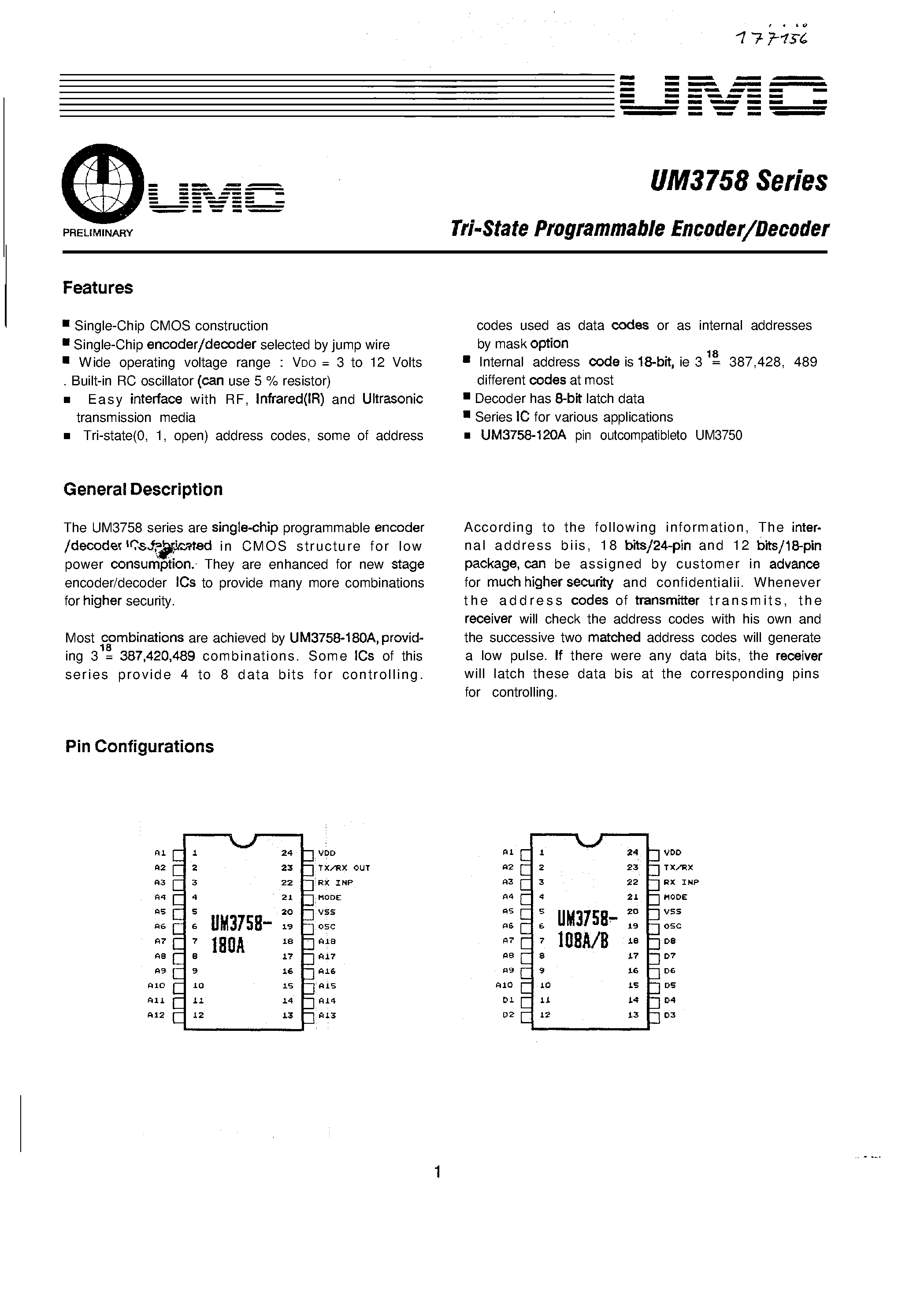 Даташит UM3758 - TRi-STATE ProgrammaBle Encoder/Decoder страница 1
