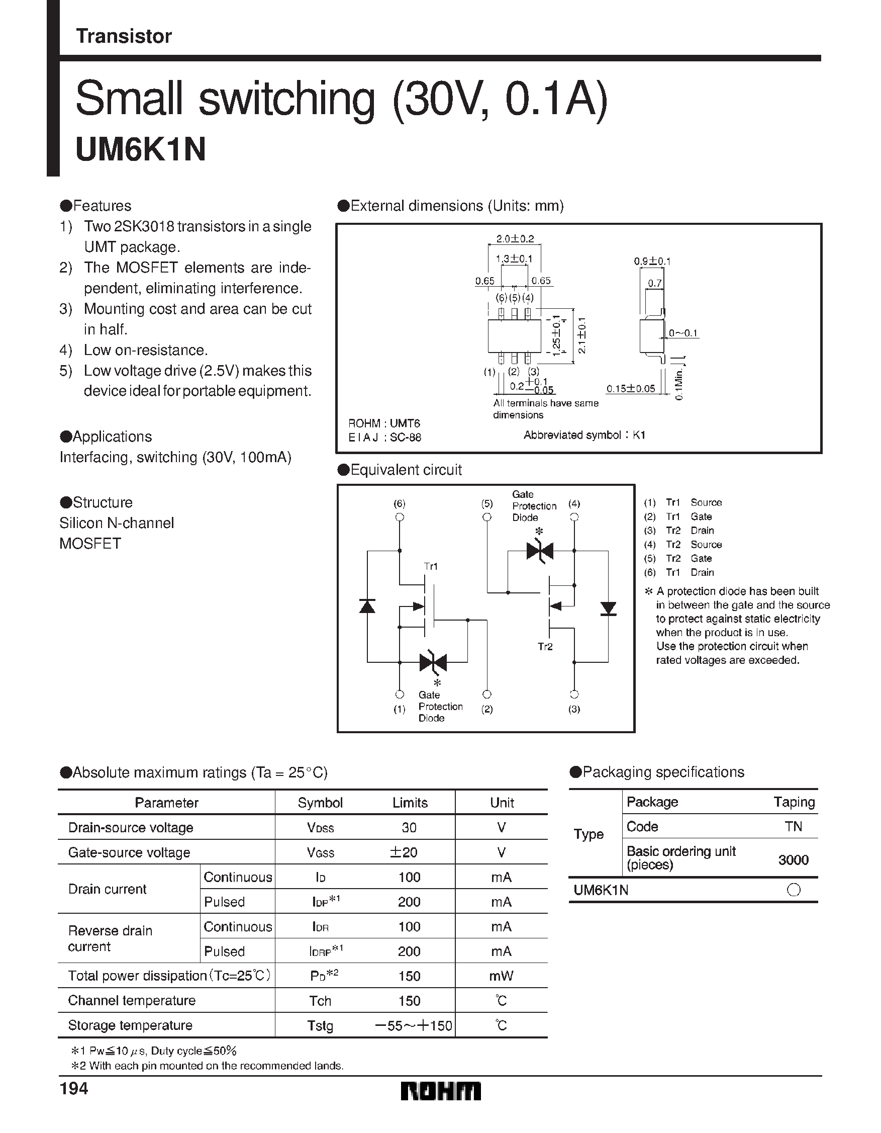 Datasheet UM6K1 page 1 Datasheet UM6K1 - Small switching (30V/ 0.1A) page 1