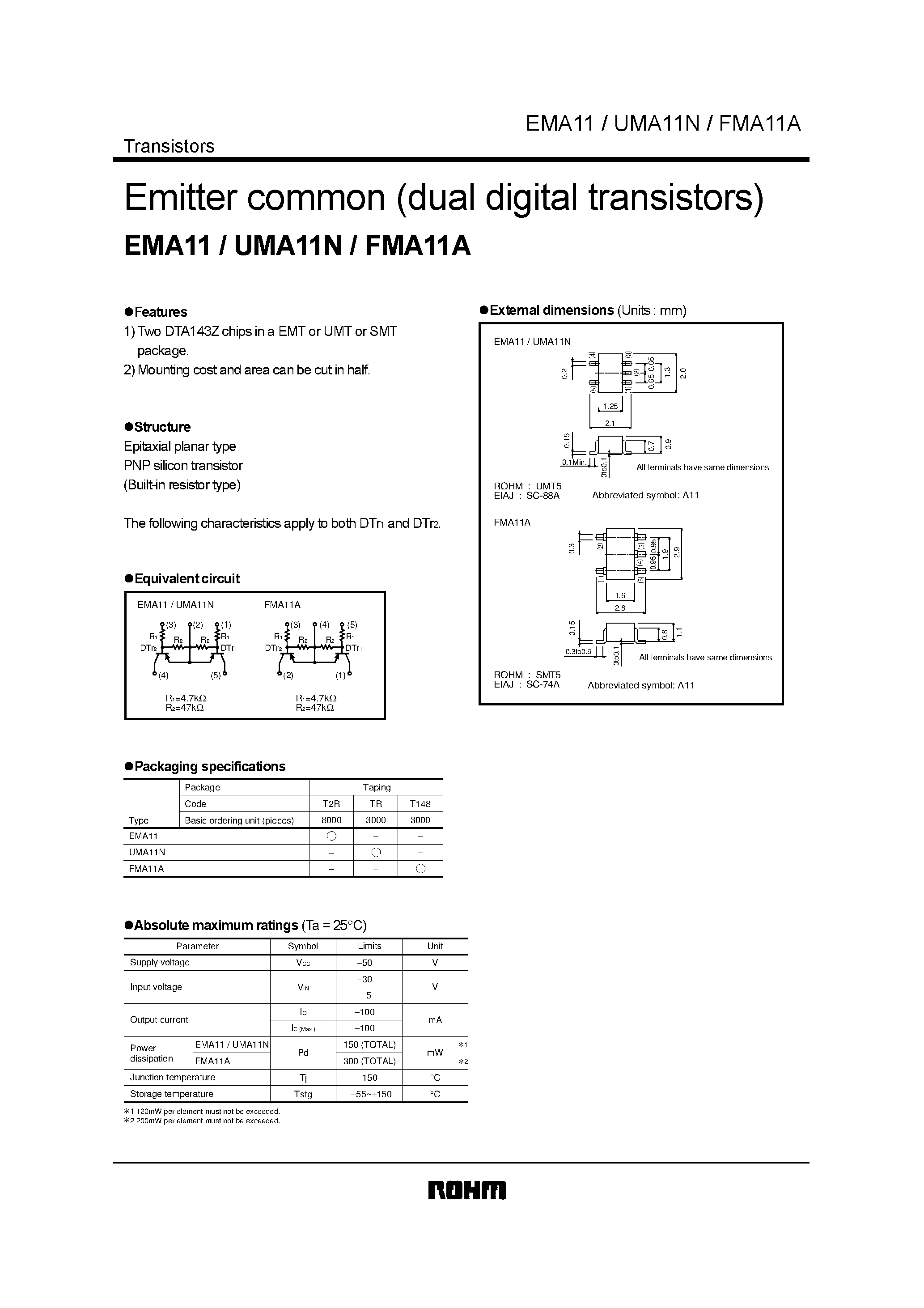 Даташит UMA11N - Emitter common (dual digital transistors) страница 1