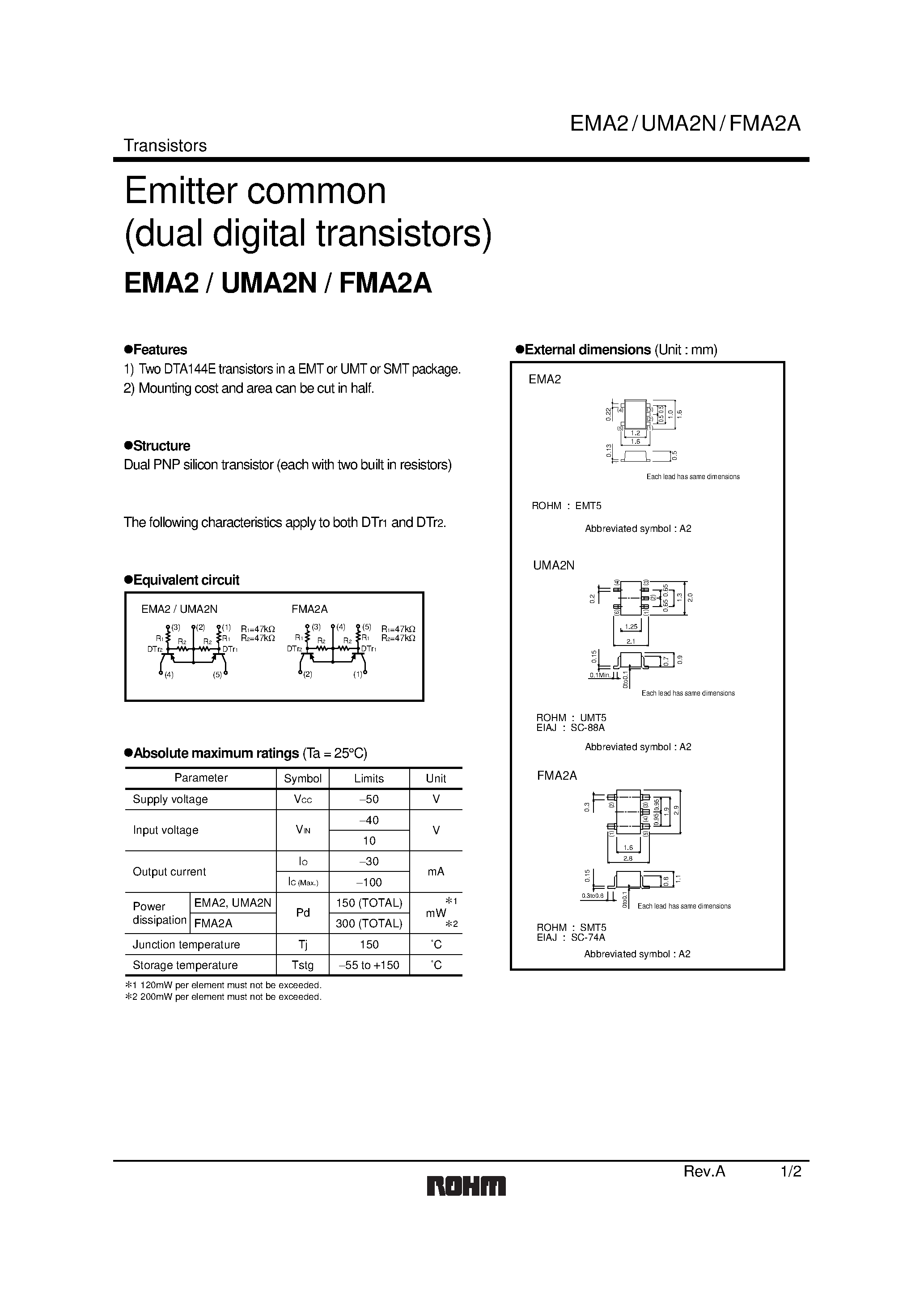 Datasheet UMA2N - Emitter common (dual digital transistors) page 1