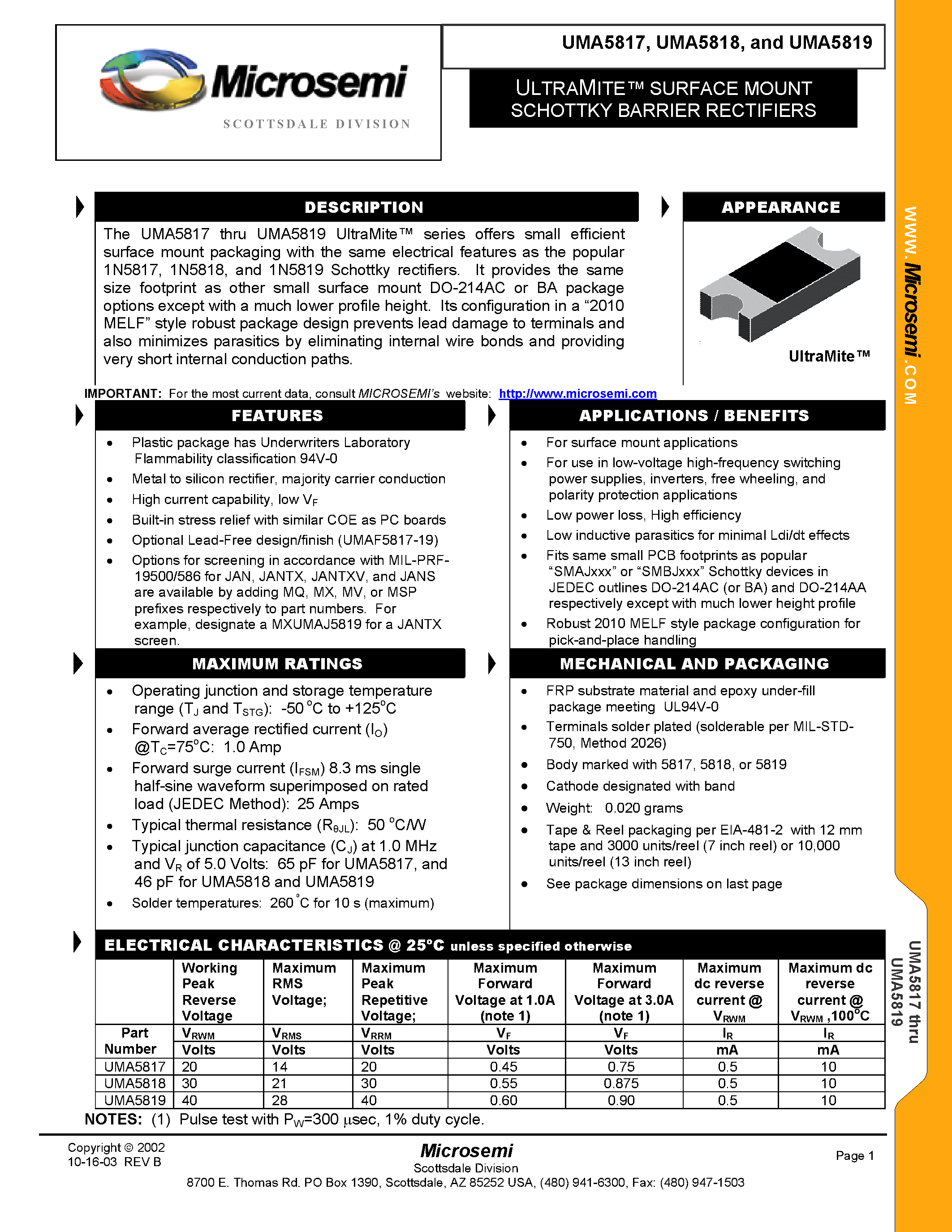 Datasheet UMA5819 - ULTRAMITTE SURFACE MOUNT SCHOTTKY BARRIER RECTIFIERS page 1