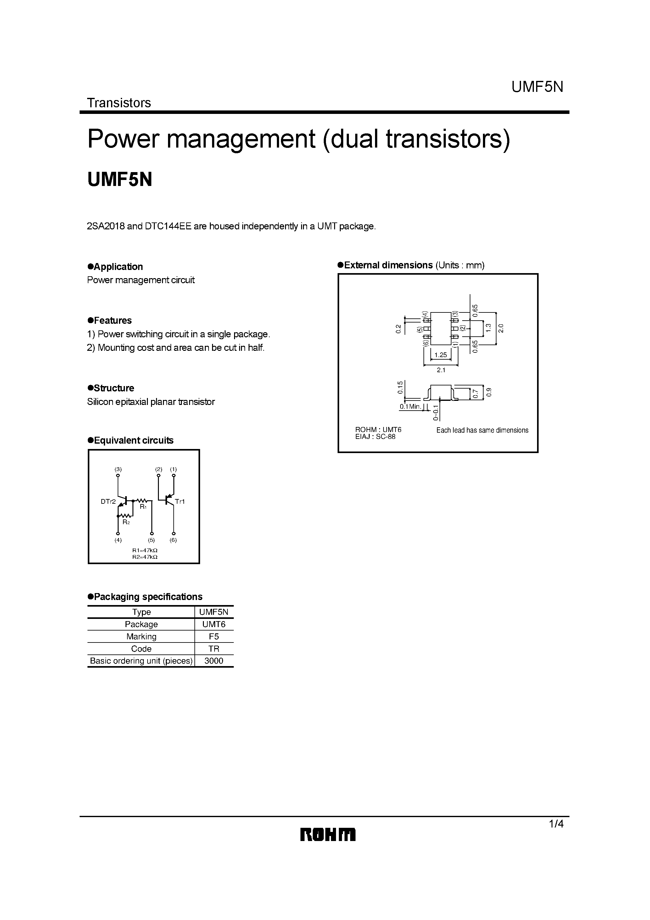 Даташит на микросхему UMF5N страница 1 Даташит UMF5N - Power management (dual transistors) страница 1
