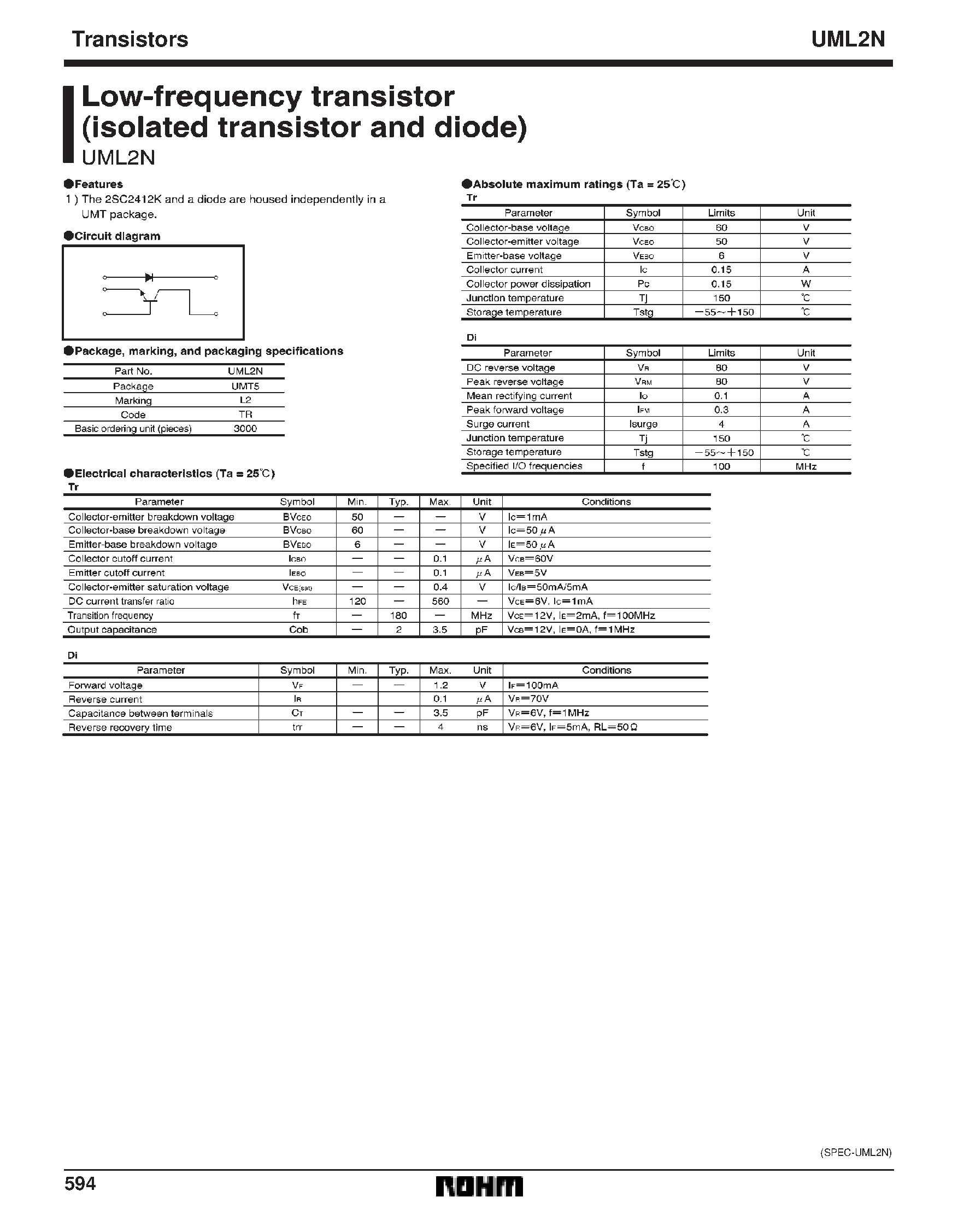 Datasheet UML2N - Low-frequency transistor (isolated transistor and diode) page 1