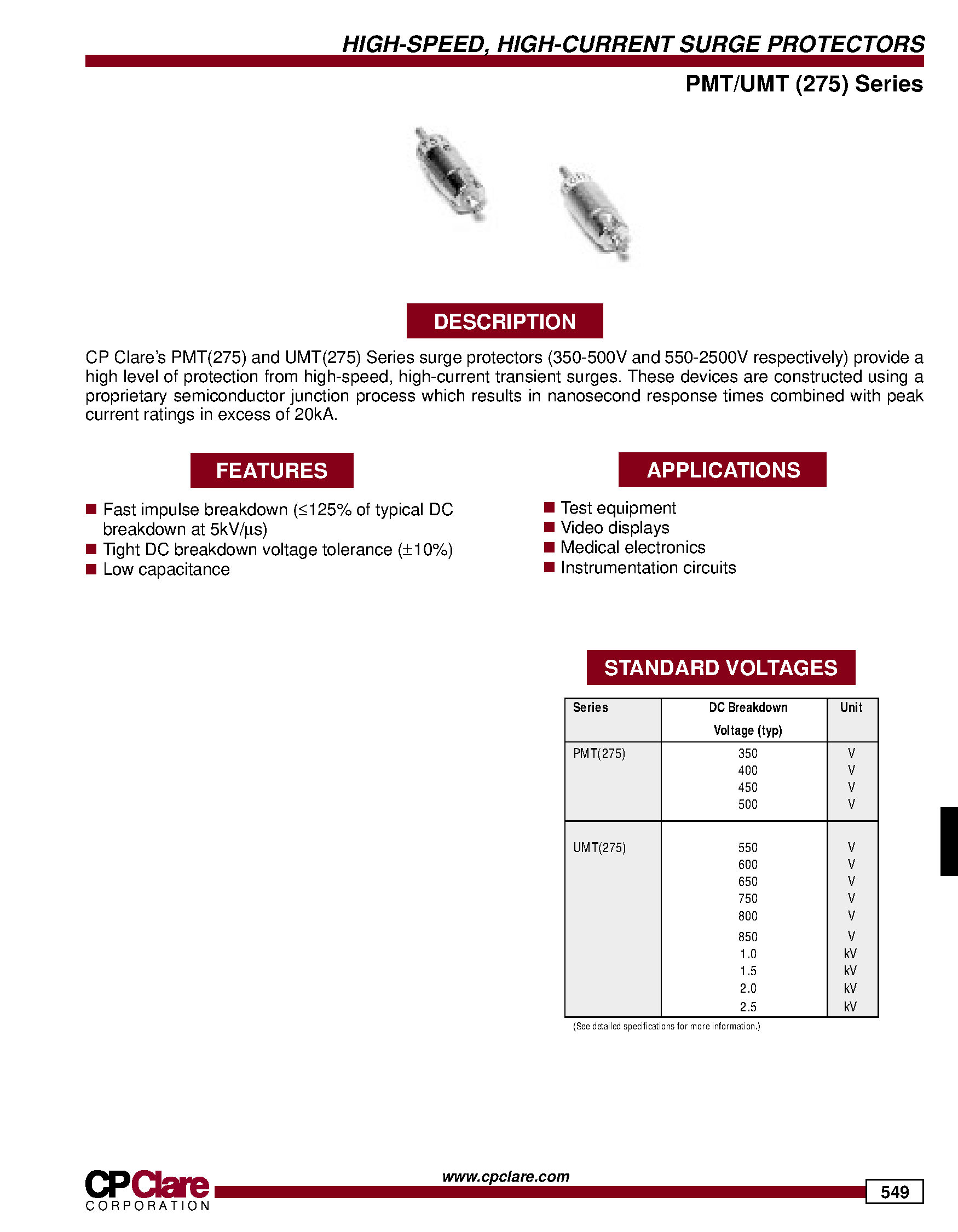 Datasheet UMT(275)2.0 - HIGH-SPEED/ HIGH-CURRENT SURGE PROTECTORS page 1