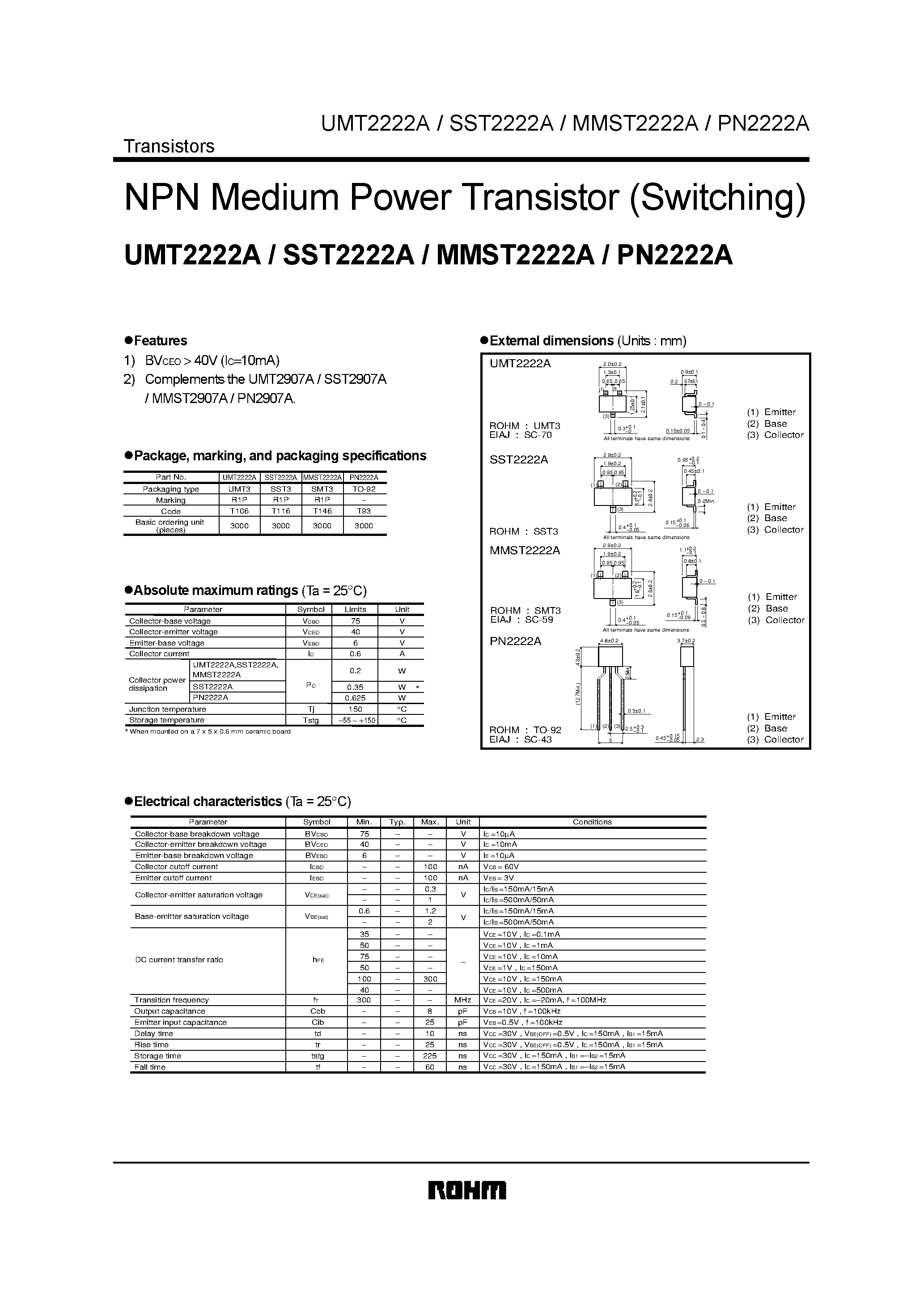 Datasheet UMT2222A - NPN Medium Power Transistor (Switching) page 1
