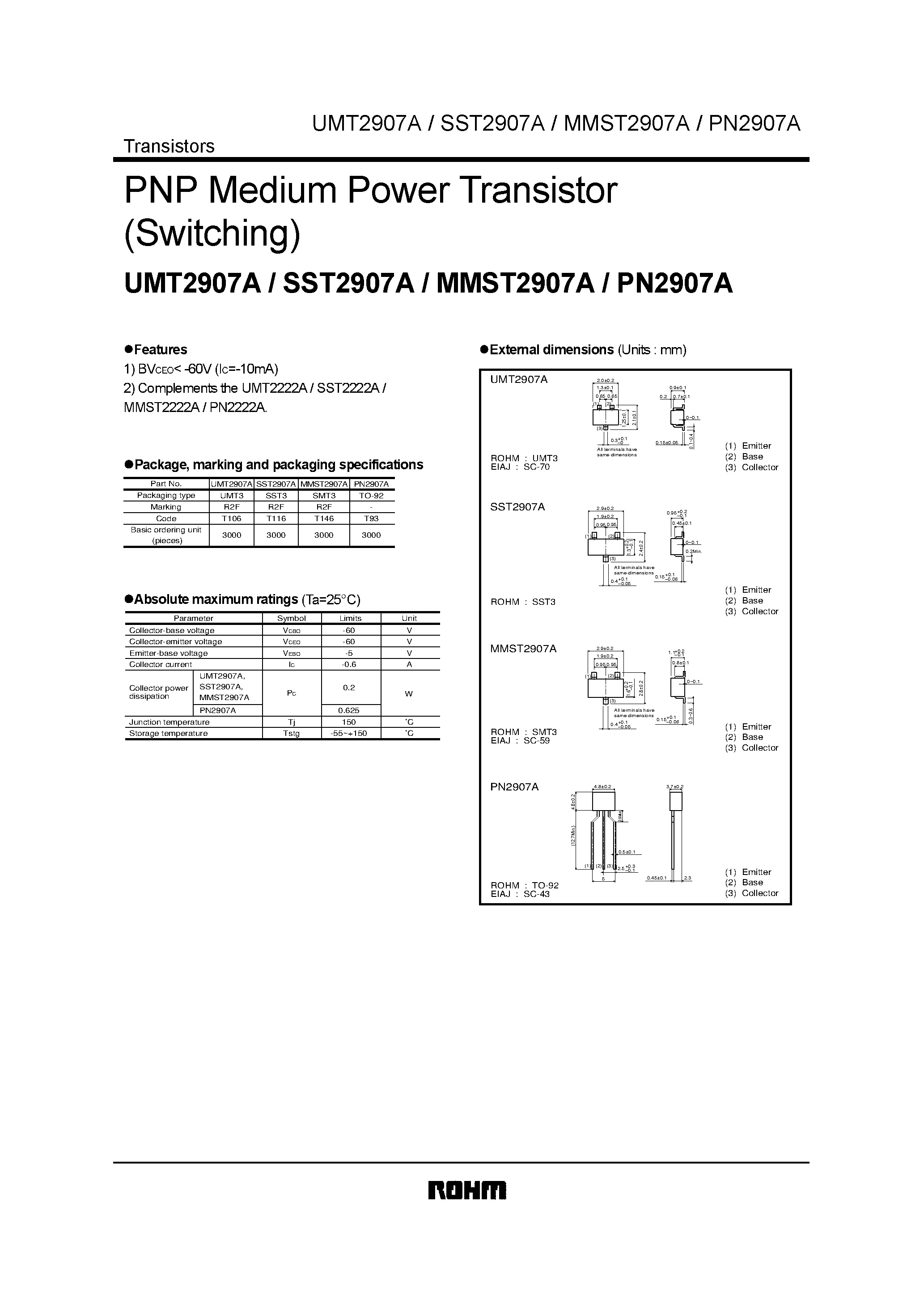 Datasheet UMT2907A - PNP Medium Power Transistor (Switching) page 1