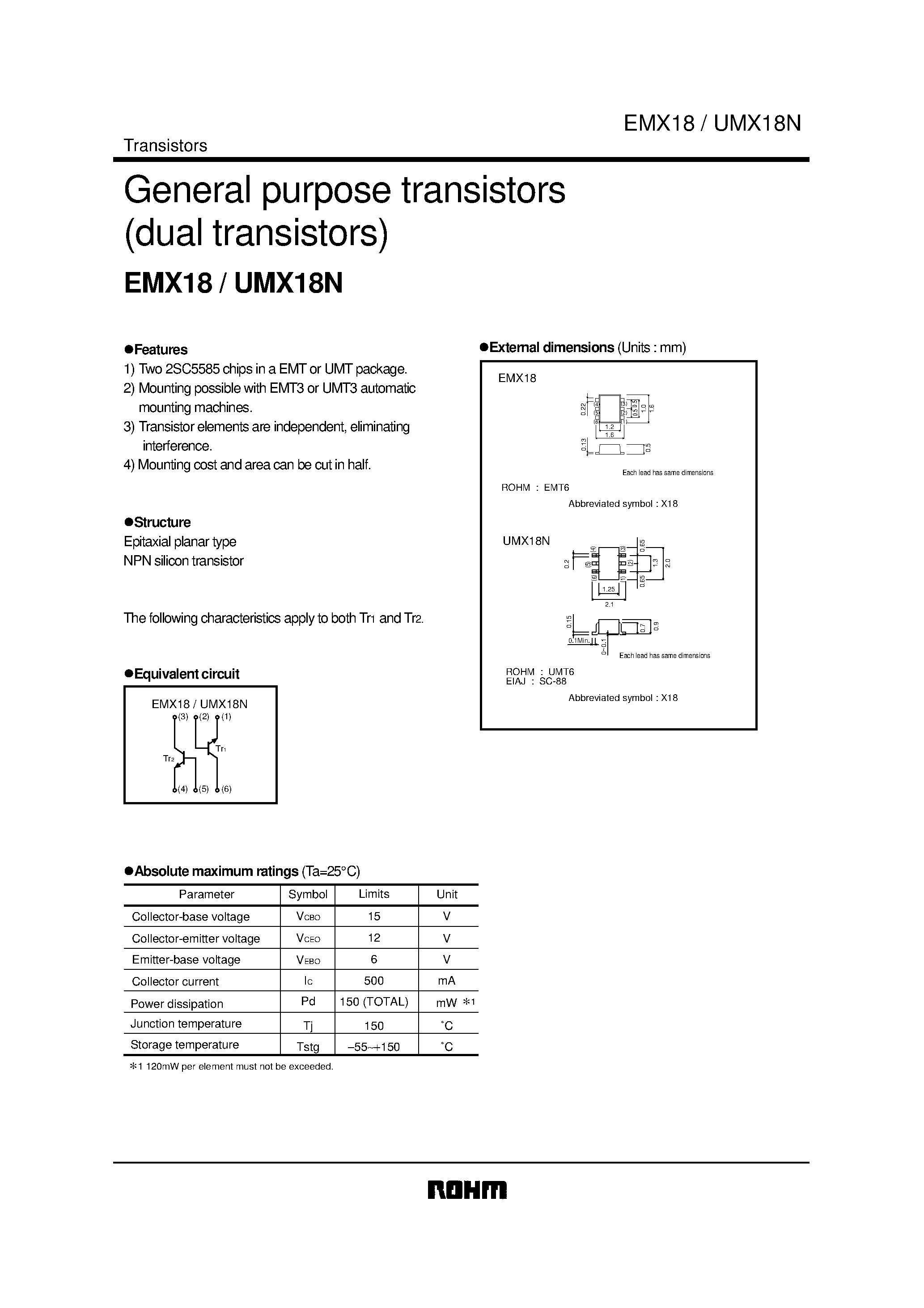 Datasheet UMX18N - General purpose transistors (dual transistors) page 1