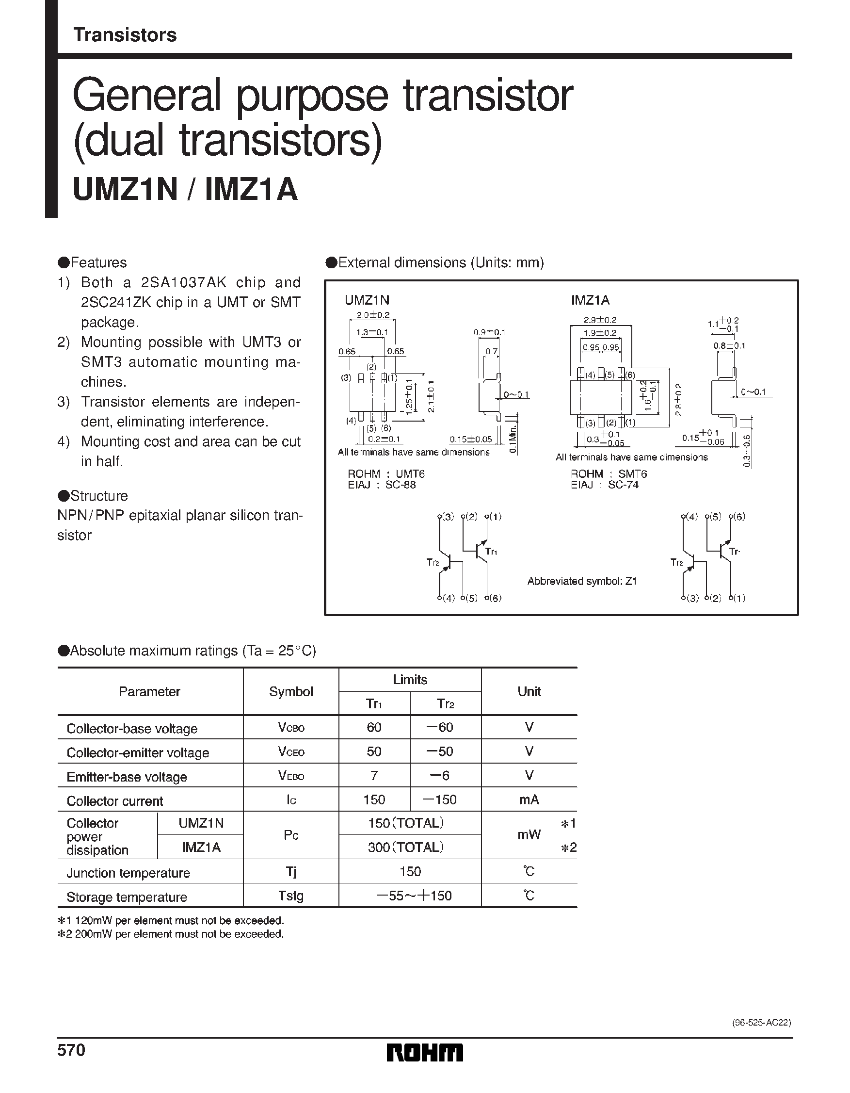 Datasheet UMZ1N page 1 Datasheet UMZ1N - General purpose transistor (dual transistors) page 1
