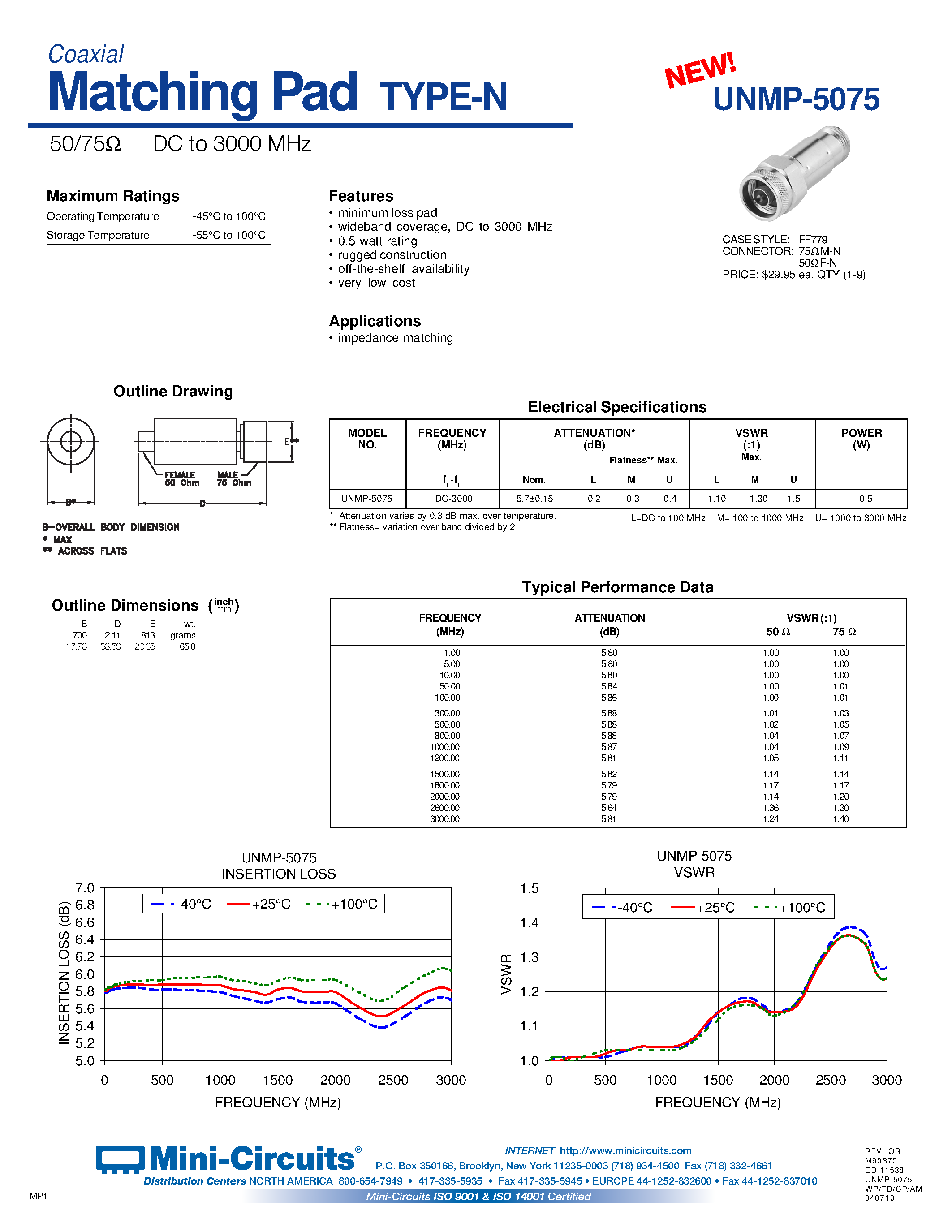 Datasheet UNMP-5075 - Coaxial Matching Pad TYPE-N 50/75 DC to 3000 MHz page 1