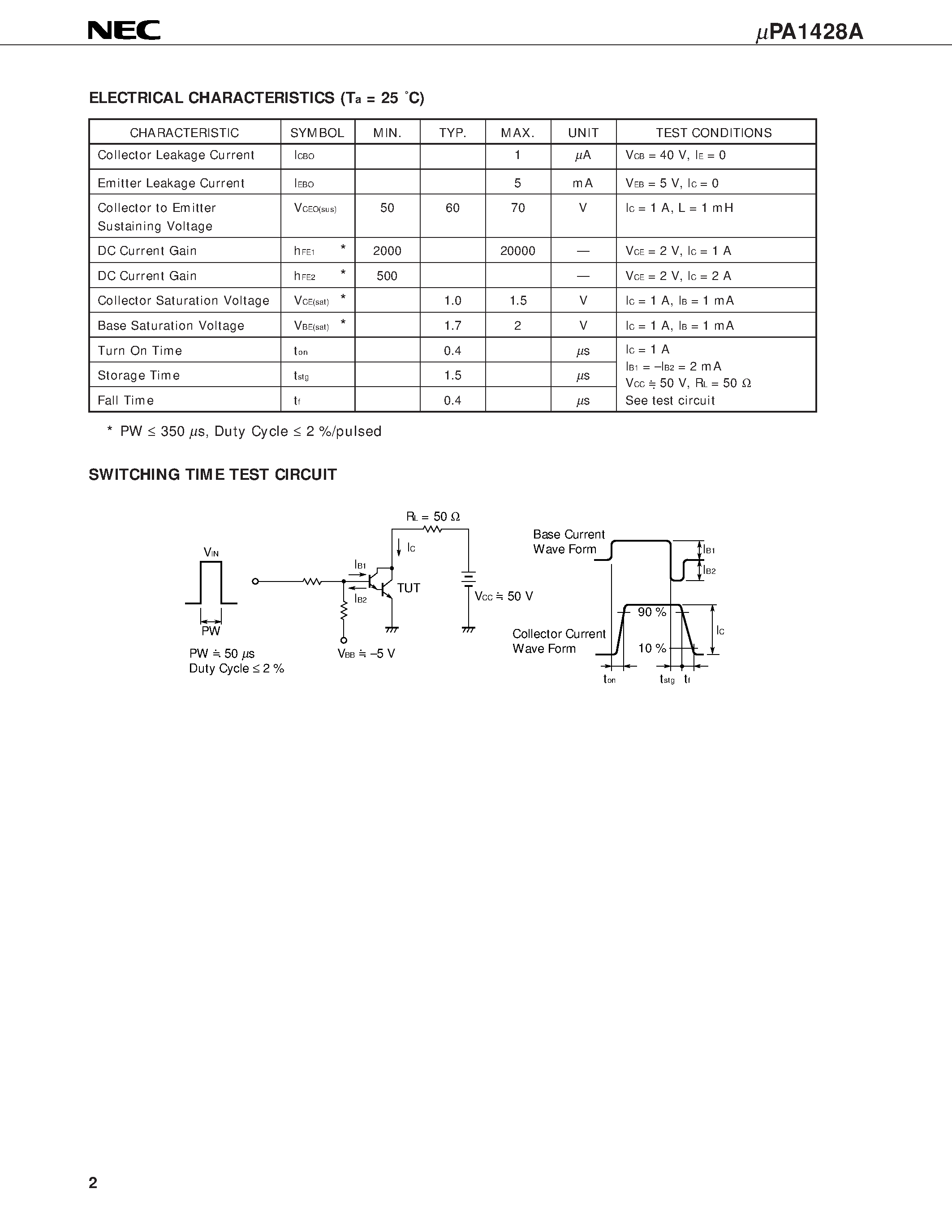 Datasheet UPA1428 - NPN SILICON POWER TRANSISTOR ARRAY HIGH SPEED SWITCHING USE DARLINGTON TRANSISTOR INDUSTRIAL USE page 2