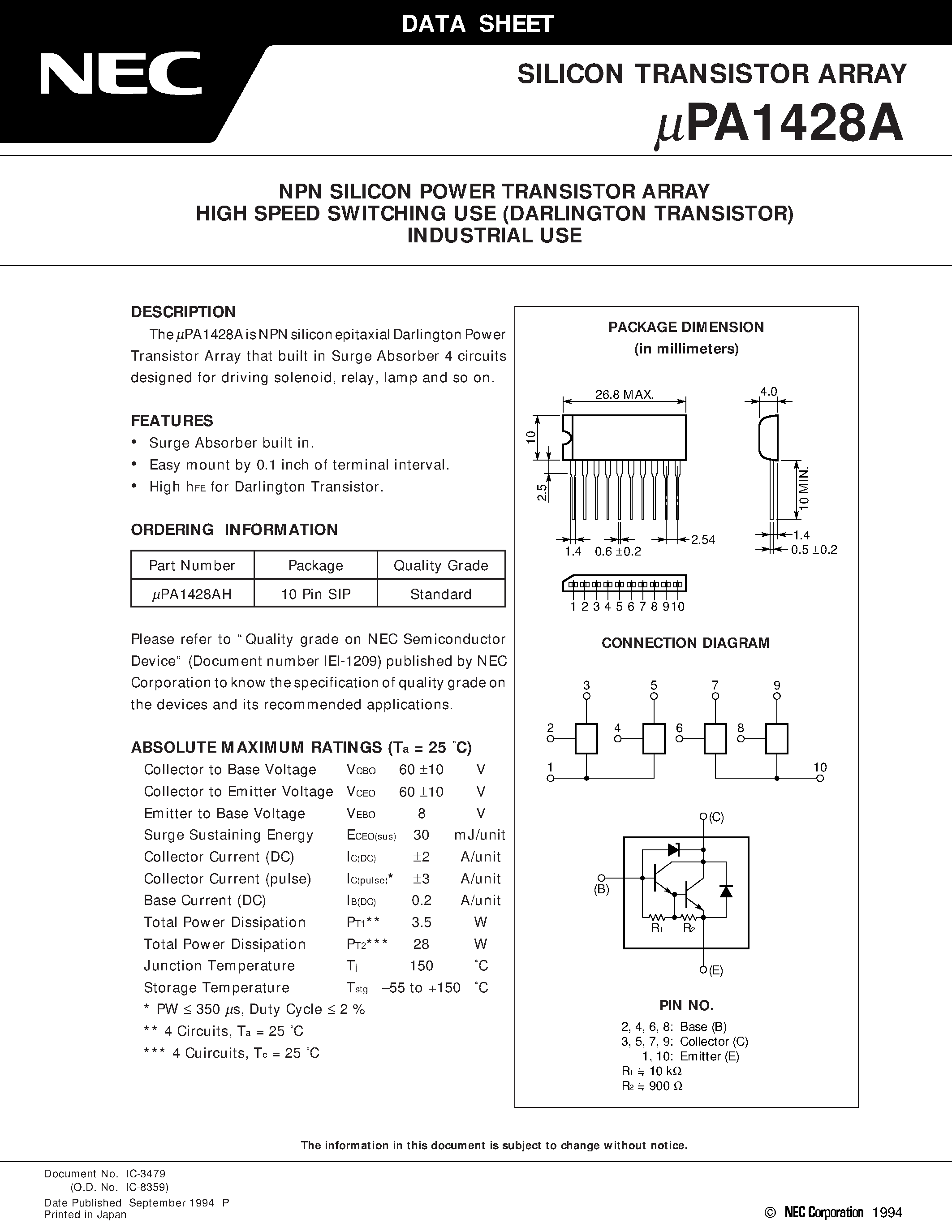 Datasheet UPA1428AH - NPN SILICON POWER TRANSISTOR ARRAY HIGH SPEED SWITCHING USE DARLINGTON TRANSISTOR INDUSTRIAL USE page 1
