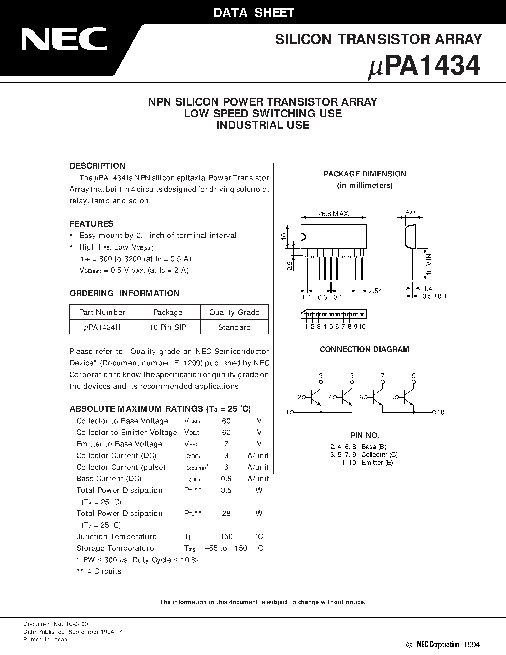 Datasheet UPA1434 page 1 Datasheet UPA1434 - NPN SILICON POWER TRANSISTOR ARRAY LOW SPEED SWITCHING USE INDUSTRIAL USE page 1
