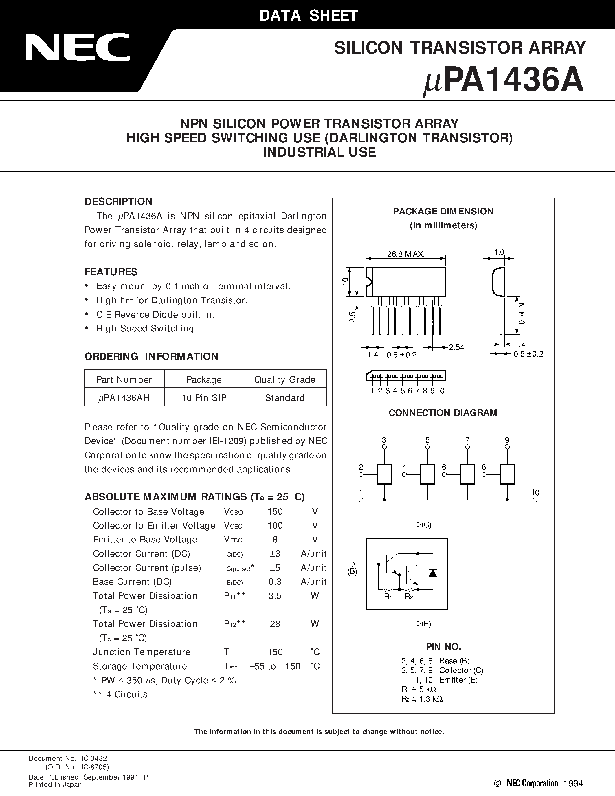 Datasheet UPA1436A - NPN SILICON POWER TRANSISTOR ARRAY HIGH SPEED SWITCHING USE DARLINGTON TRANSISTOR INDUSTRIAL USE page 1