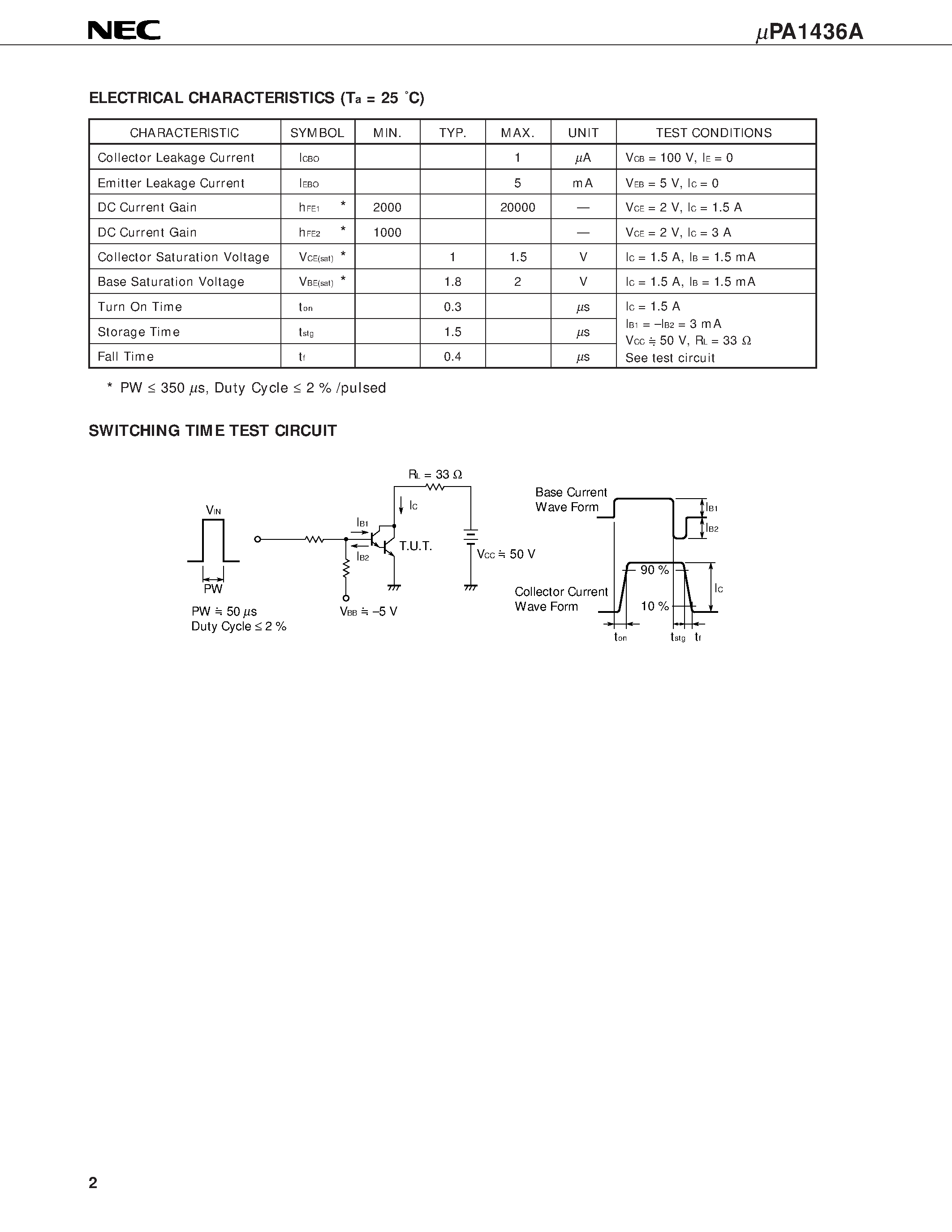 Datasheet UPA1436A - NPN SILICON POWER TRANSISTOR ARRAY HIGH SPEED SWITCHING USE DARLINGTON TRANSISTOR INDUSTRIAL USE page 2