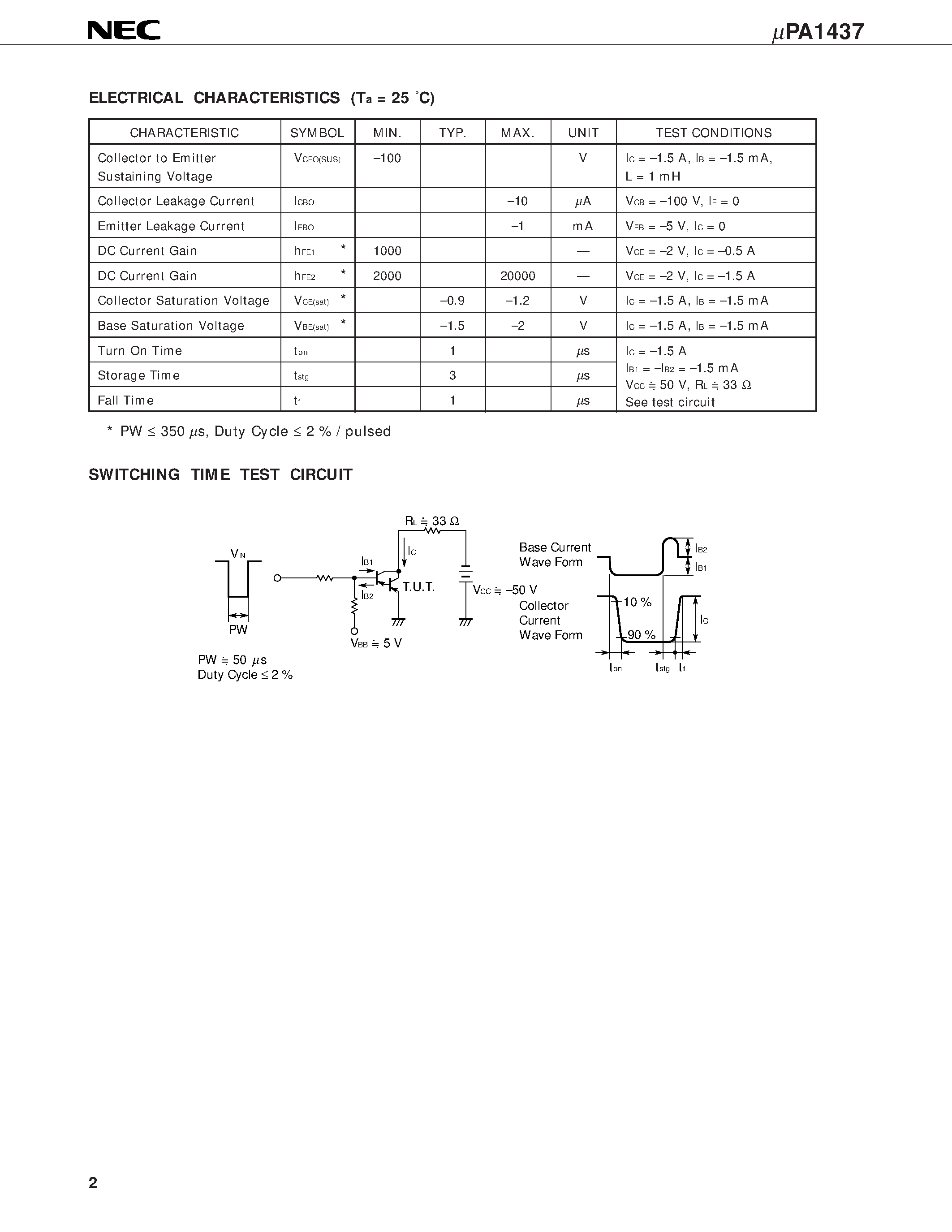 Datasheet UPA1437 - PNP SILICON POWER TRANSISTOR ARRAY LOW SPEED SWITCHING USE DARLINGTON TRANSISTOR INDUSTRIAL USE page 2