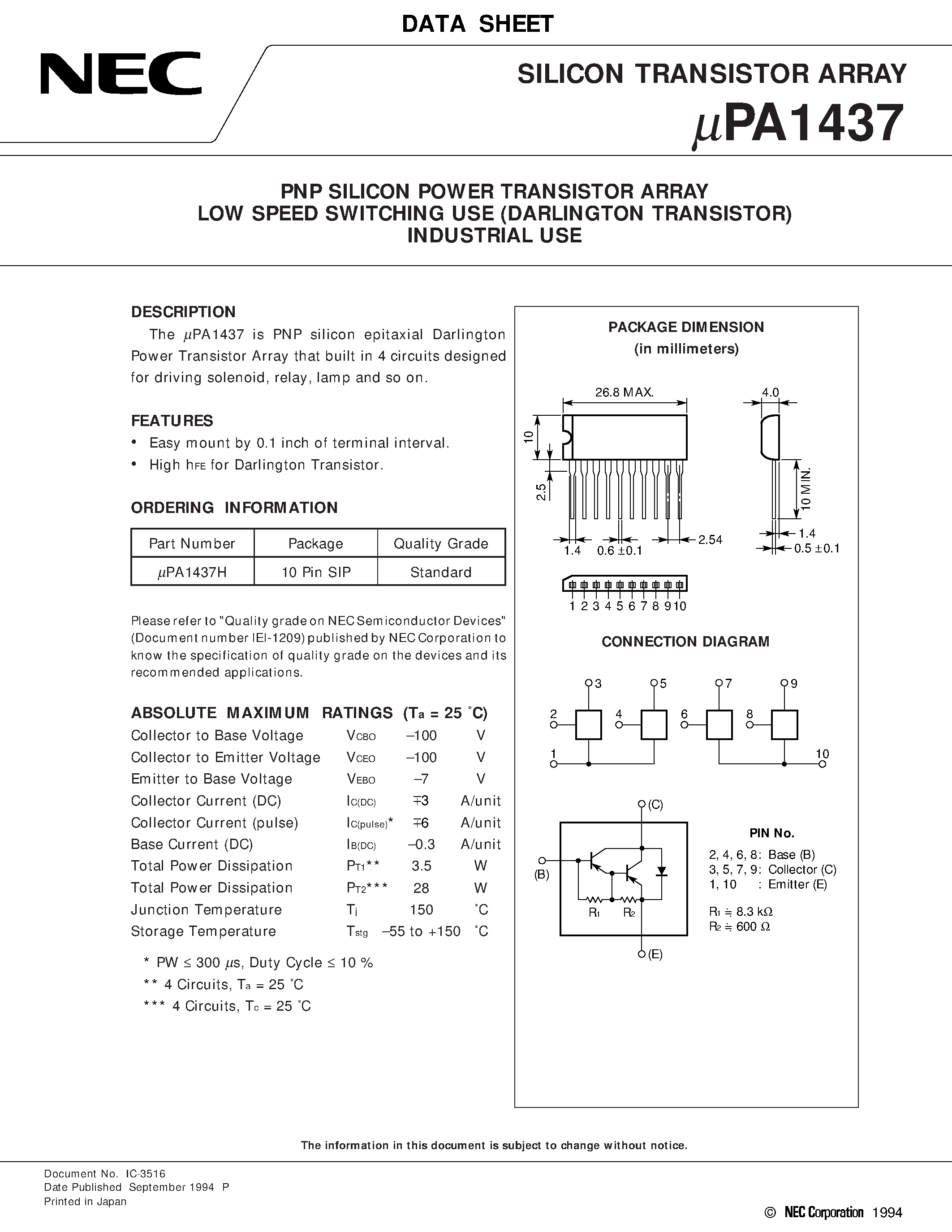 Datasheet UPA1437H - PNP SILICON POWER TRANSISTOR ARRAY LOW SPEED SWITCHING USE DARLINGTON TRANSISTOR INDUSTRIAL USE page 1