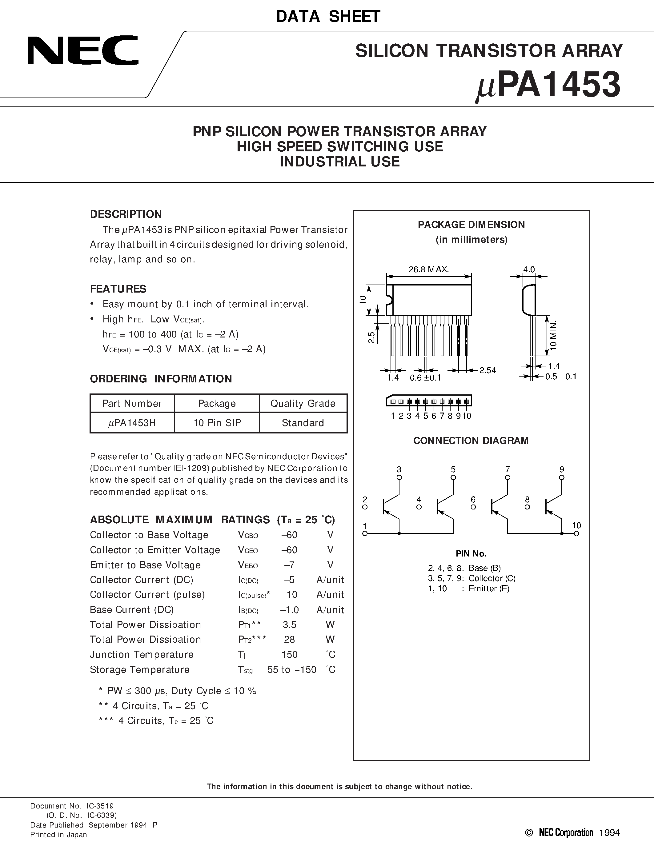 Datasheet UPA1453H - PNP SILICON POWER TRANSISTOR ARRAY HIGH SPEED SWITCHING USE INDUSTRIAL USE page 1