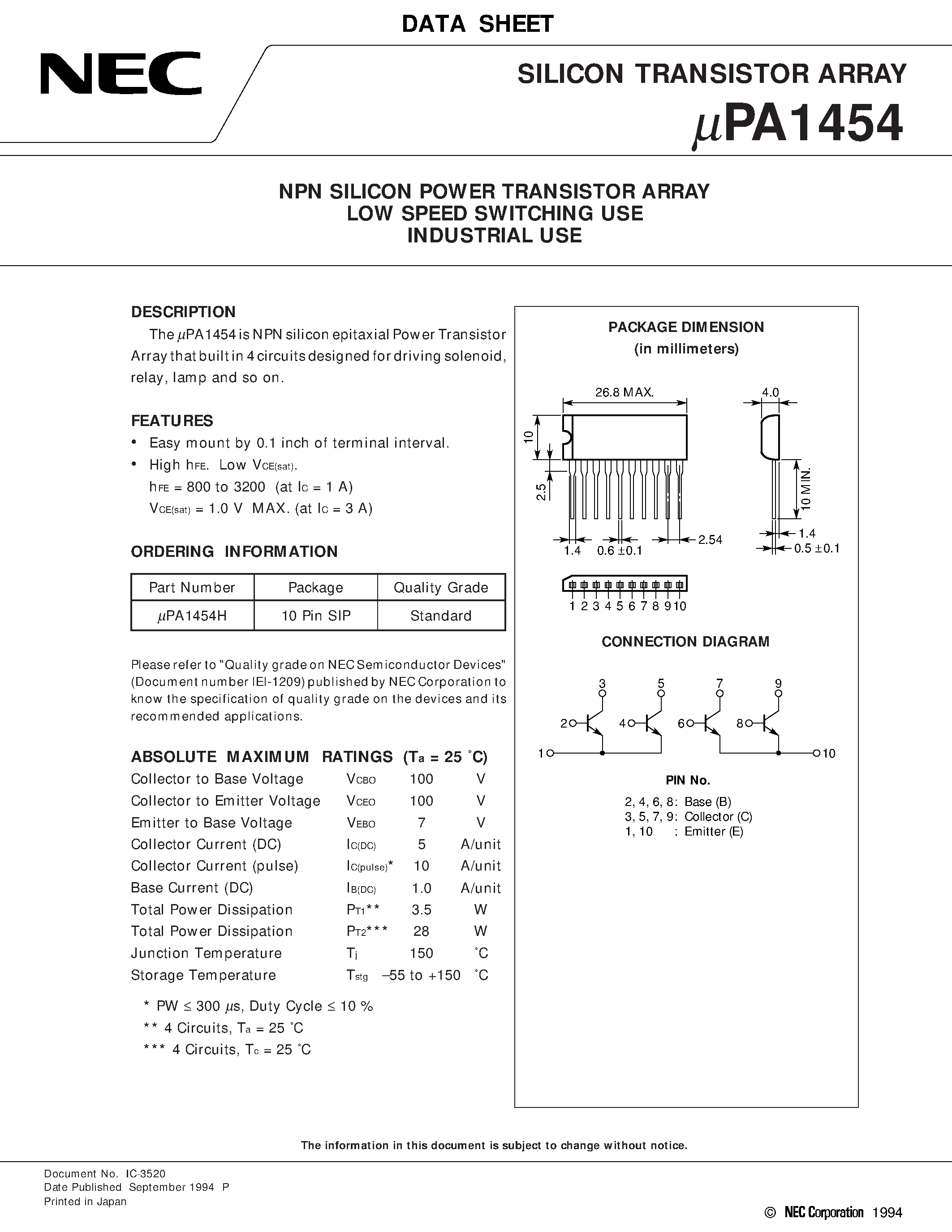 Datasheet UPA1454 page 1 Datasheet UPA1454 - NPN SILICON POWER TRANSISTOR ARRAY LOW SPEED SWITCHING USE INDUSTRIAL USE page 1